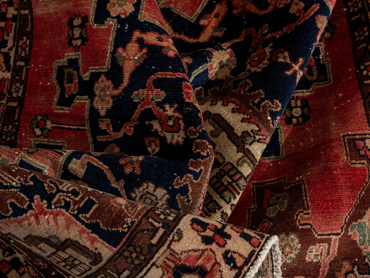 Persian Saveh accent rug in faded red and navy, view 23 of 25