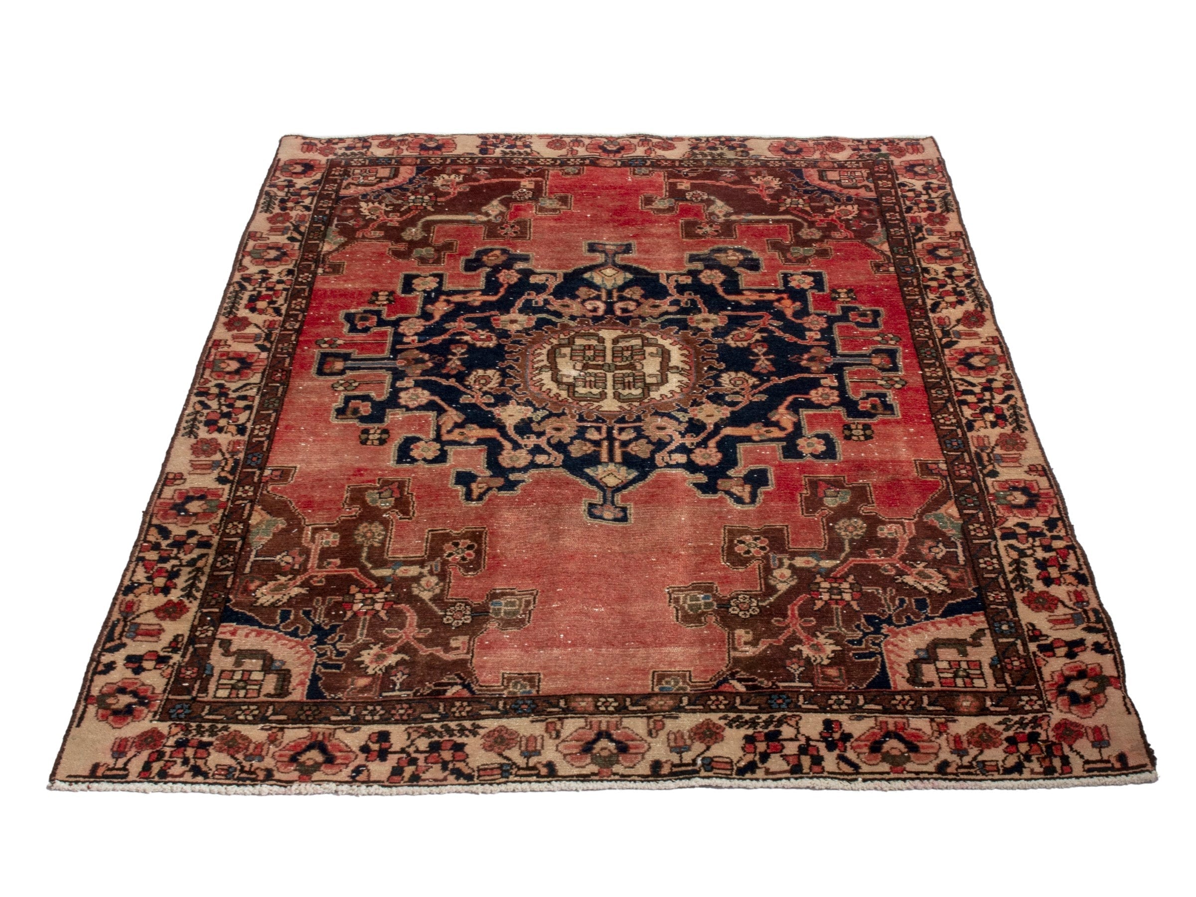 Persian Saveh accent rug in faded red and navy, view 2 of 24