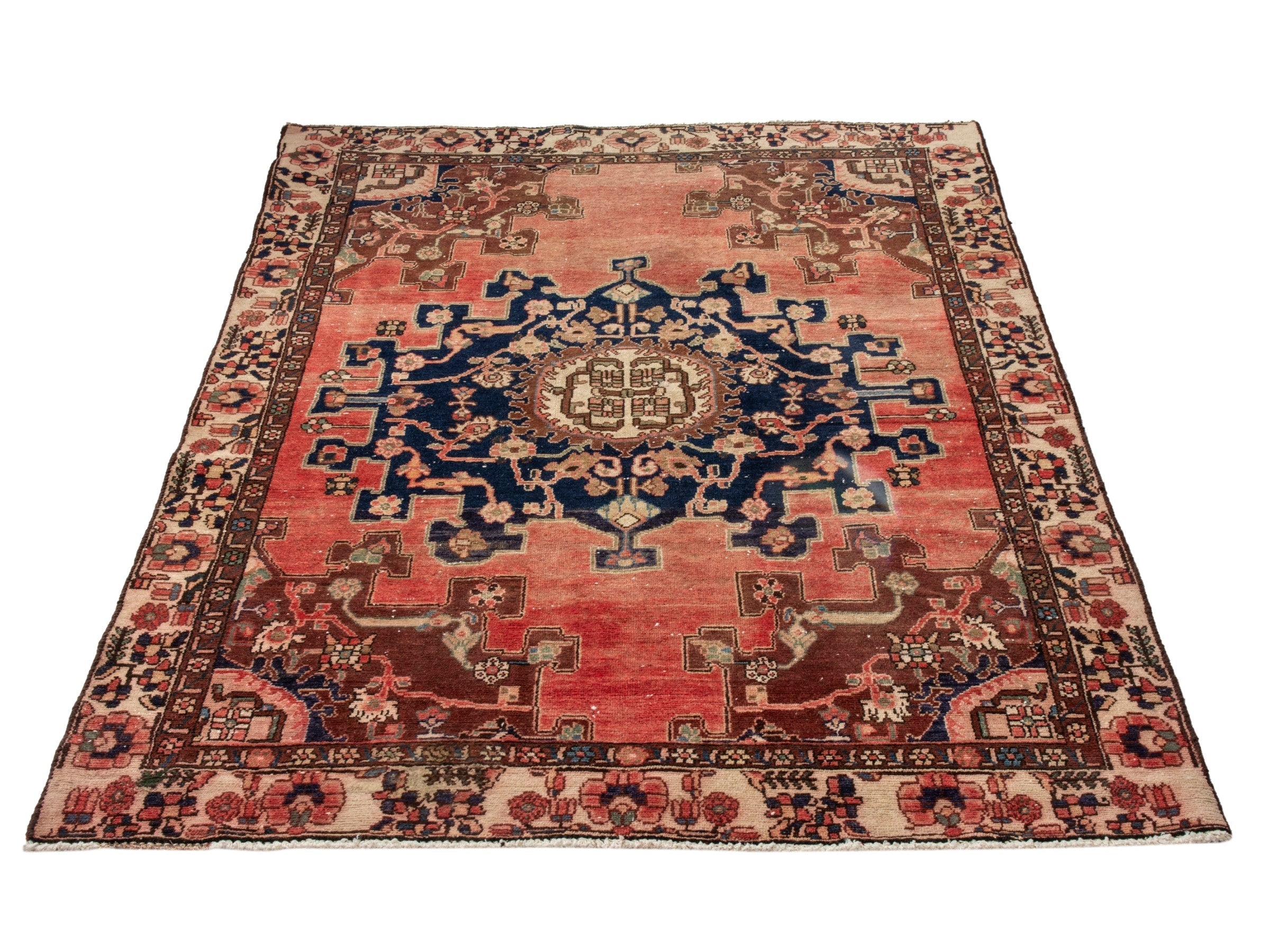 Persian Saveh accent rug in faded red and navy, view 3 of 24