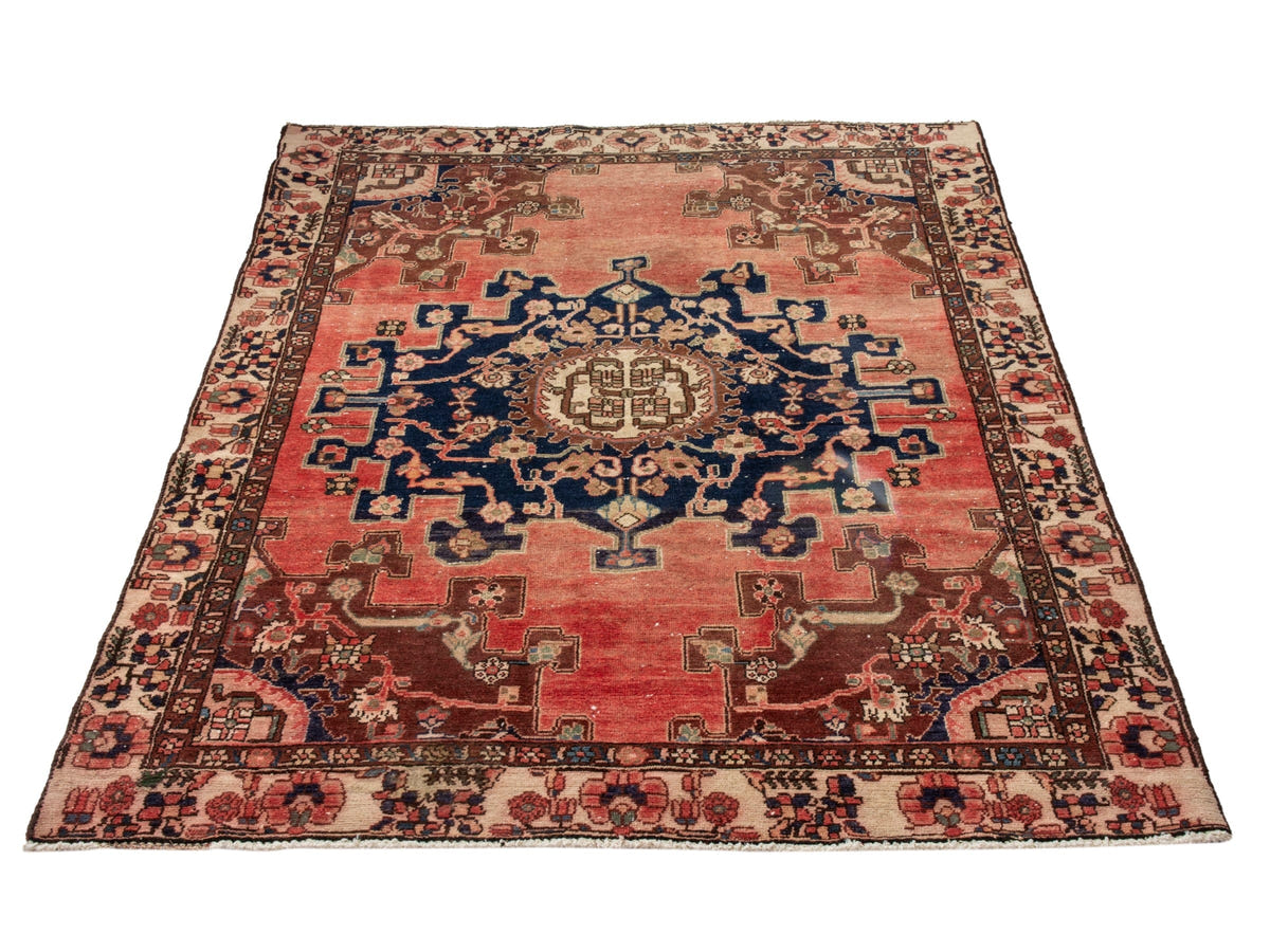 Persian Saveh accent rug in faded red and navy, view 4 of 25