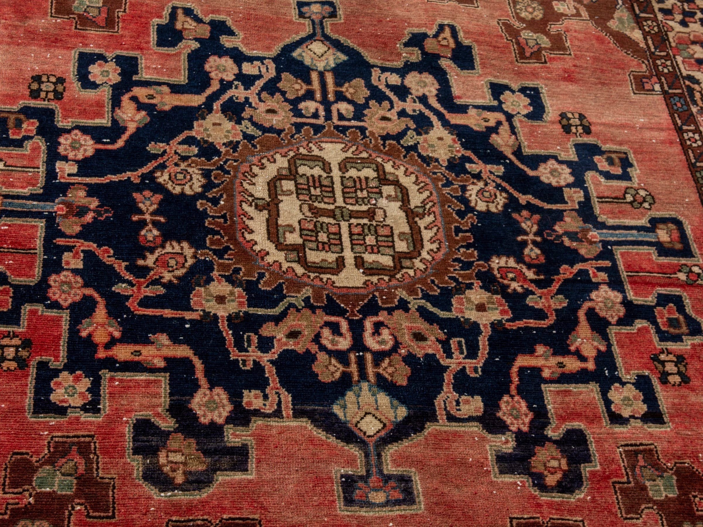 Persian Saveh accent rug in faded red and navy, view 5 of 24