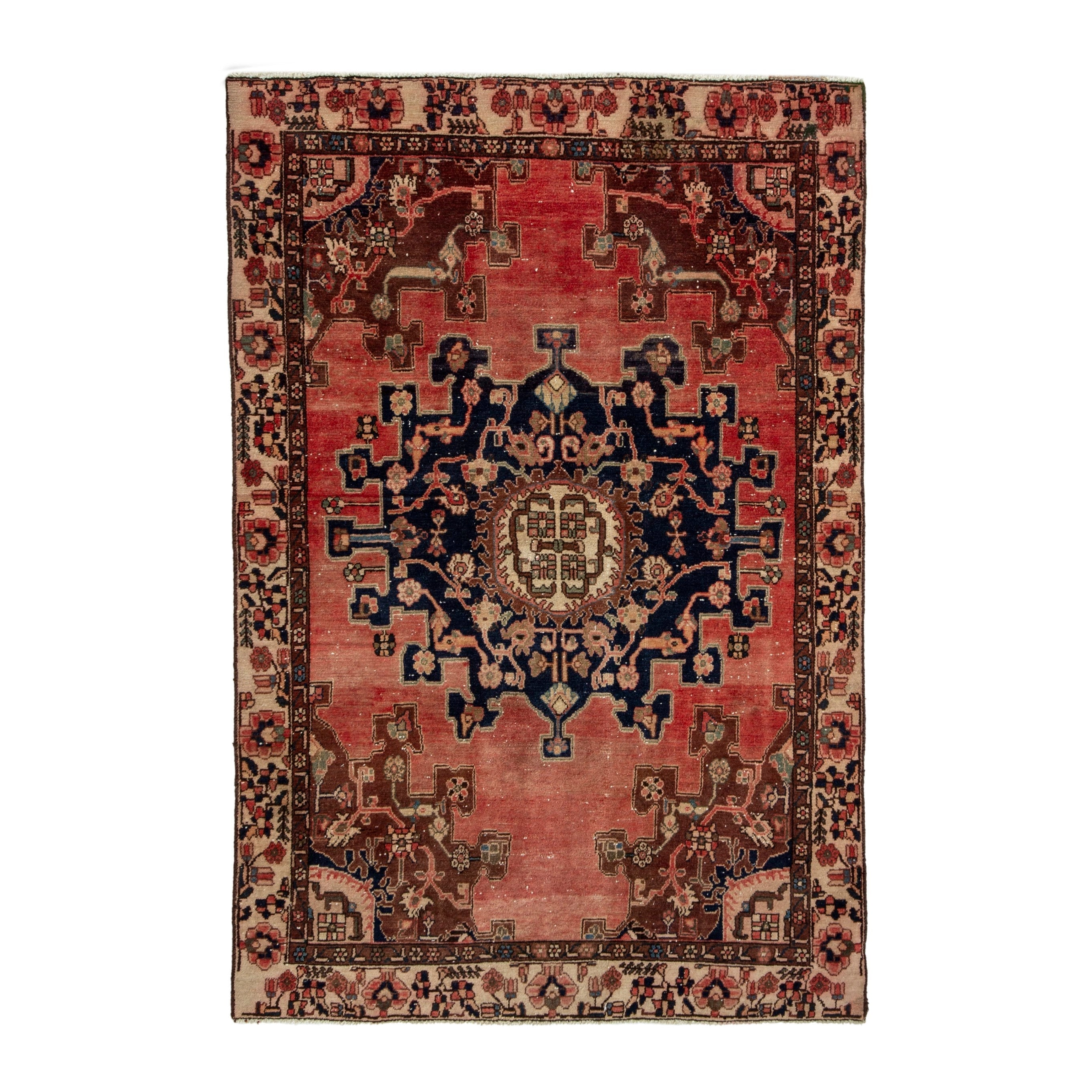 Persian Saveh accent rug in faded red and navy, 4'1" x 6'1"