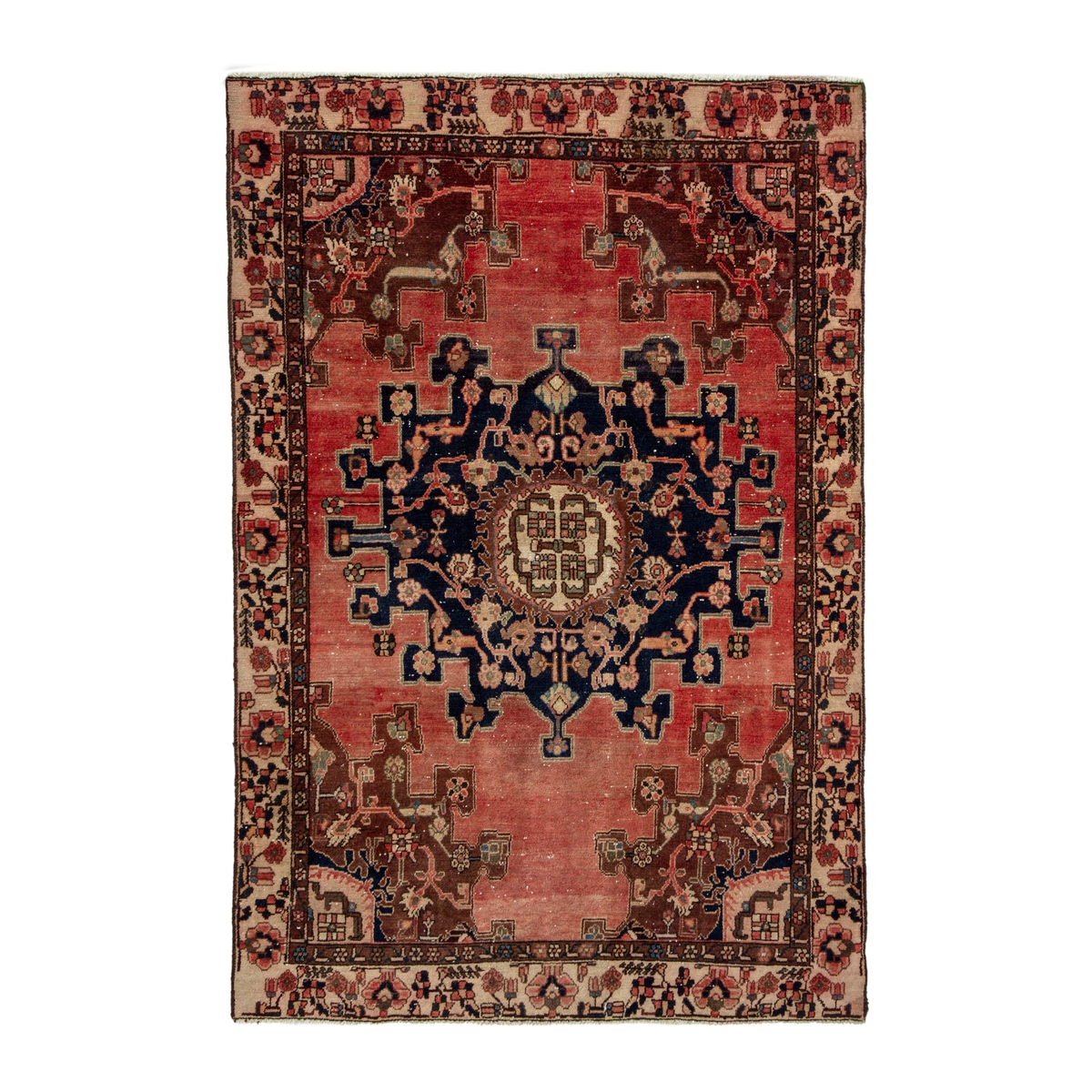 Persian Saveh accent rug in faded red and navy, 4'1" x 6'1"