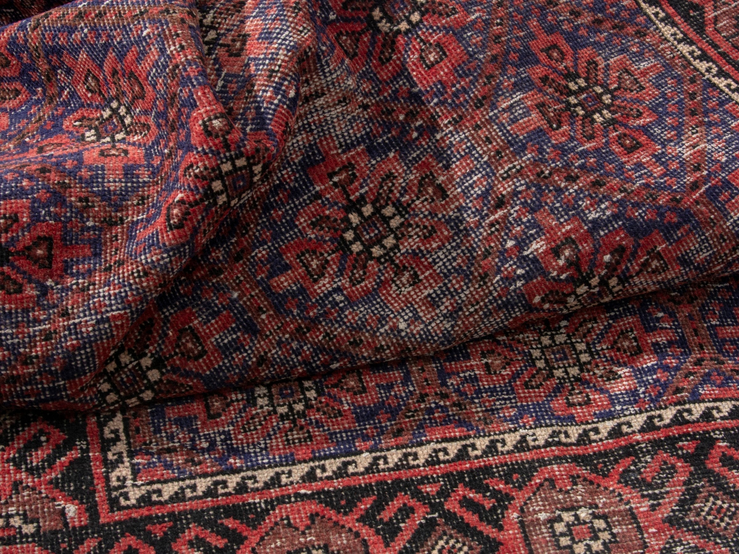 Persian Baluch accent rug in blue gray and burgundy, view 16 of 17