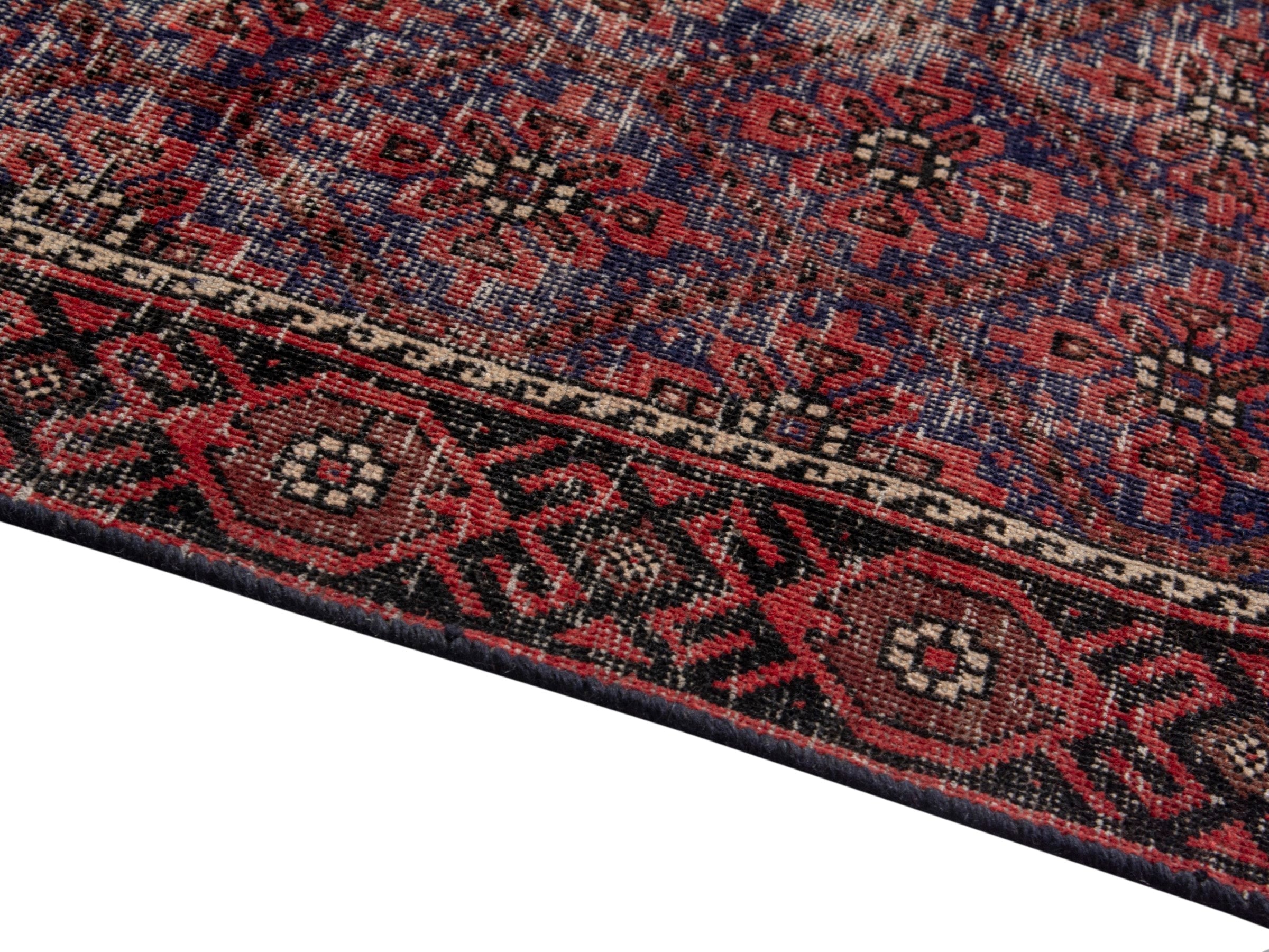 Persian Baluch accent rug in blue gray and burgundy, view 6 of 17