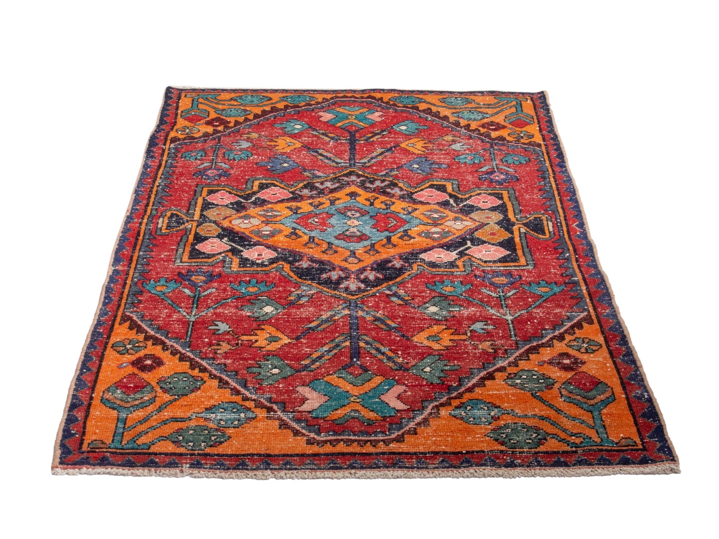 Persian Hamedan accent rug in deep red and burnt orange, view 3 of 18