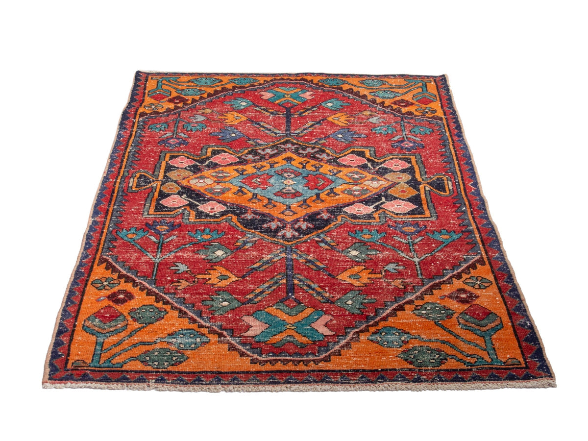 Persian Hamadan accent rug in deep red and burnt orange, view 11 of 19