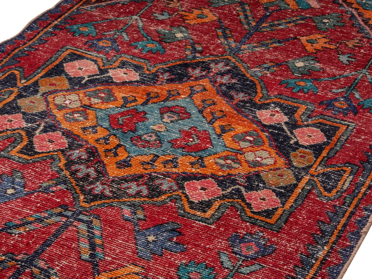 Persian Hamadan accent rug in deep red and burnt orange, view 17 of 19