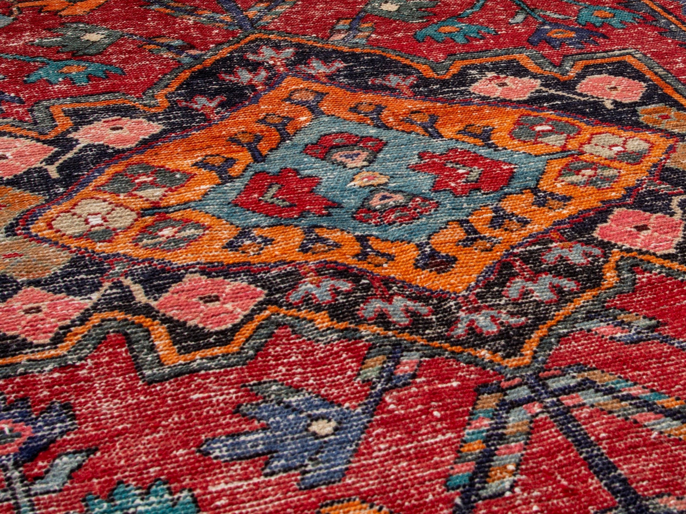 Persian Hamedan accent rug in deep red and burnt orange, view 10 of 18