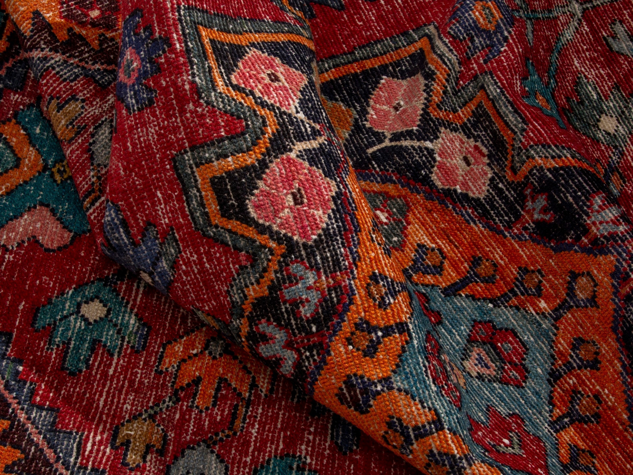 Persian Hamedan accent rug in deep red and burnt orange, view 17 of 18