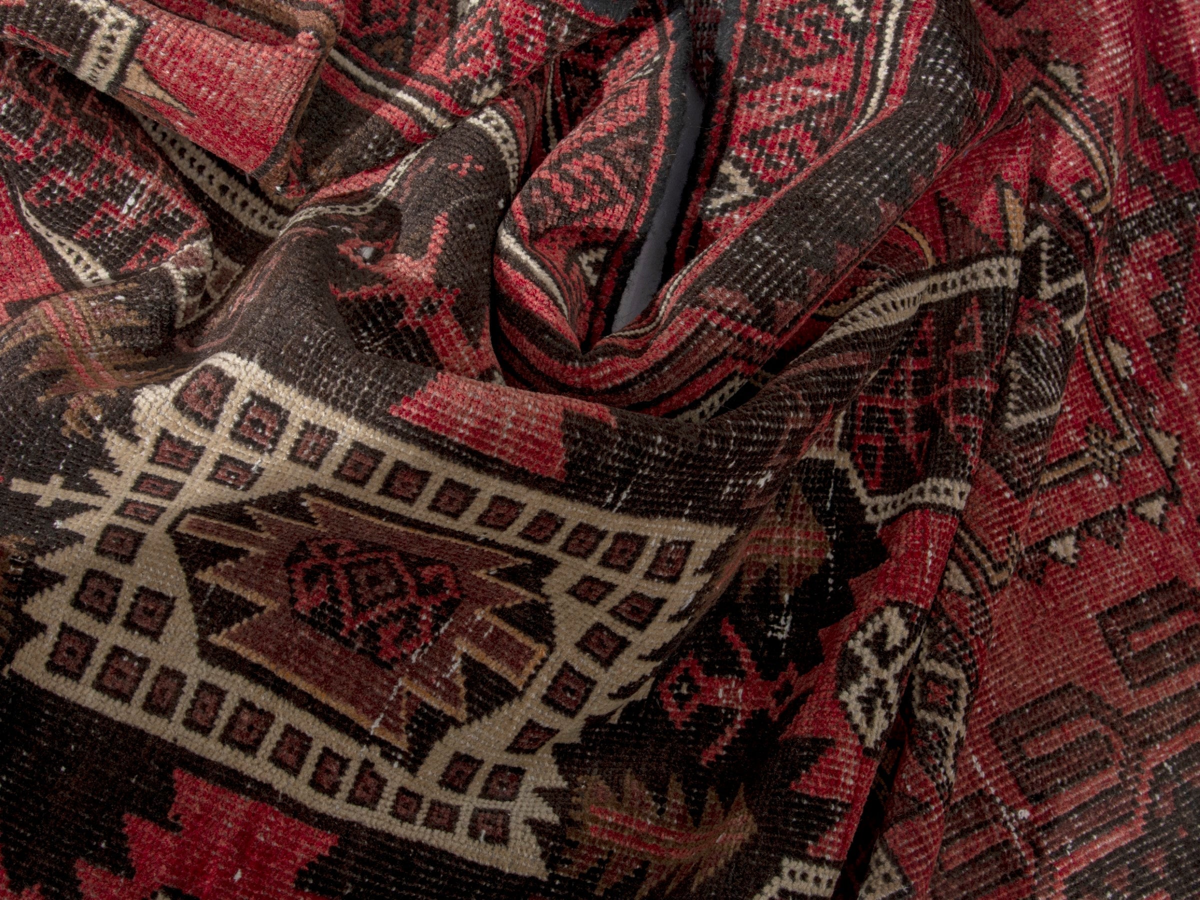 Persian Baluch runner rug in faded red and navy, view 17 of 18