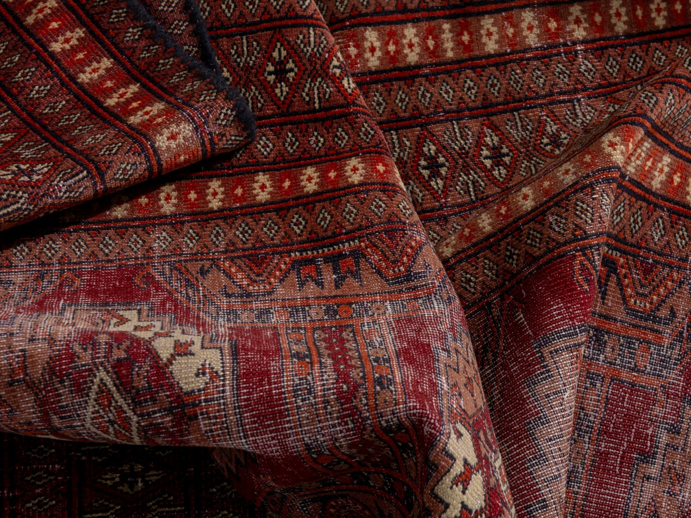 Persian Torkaman accent rug in burgundy and rust, view 15 of 18