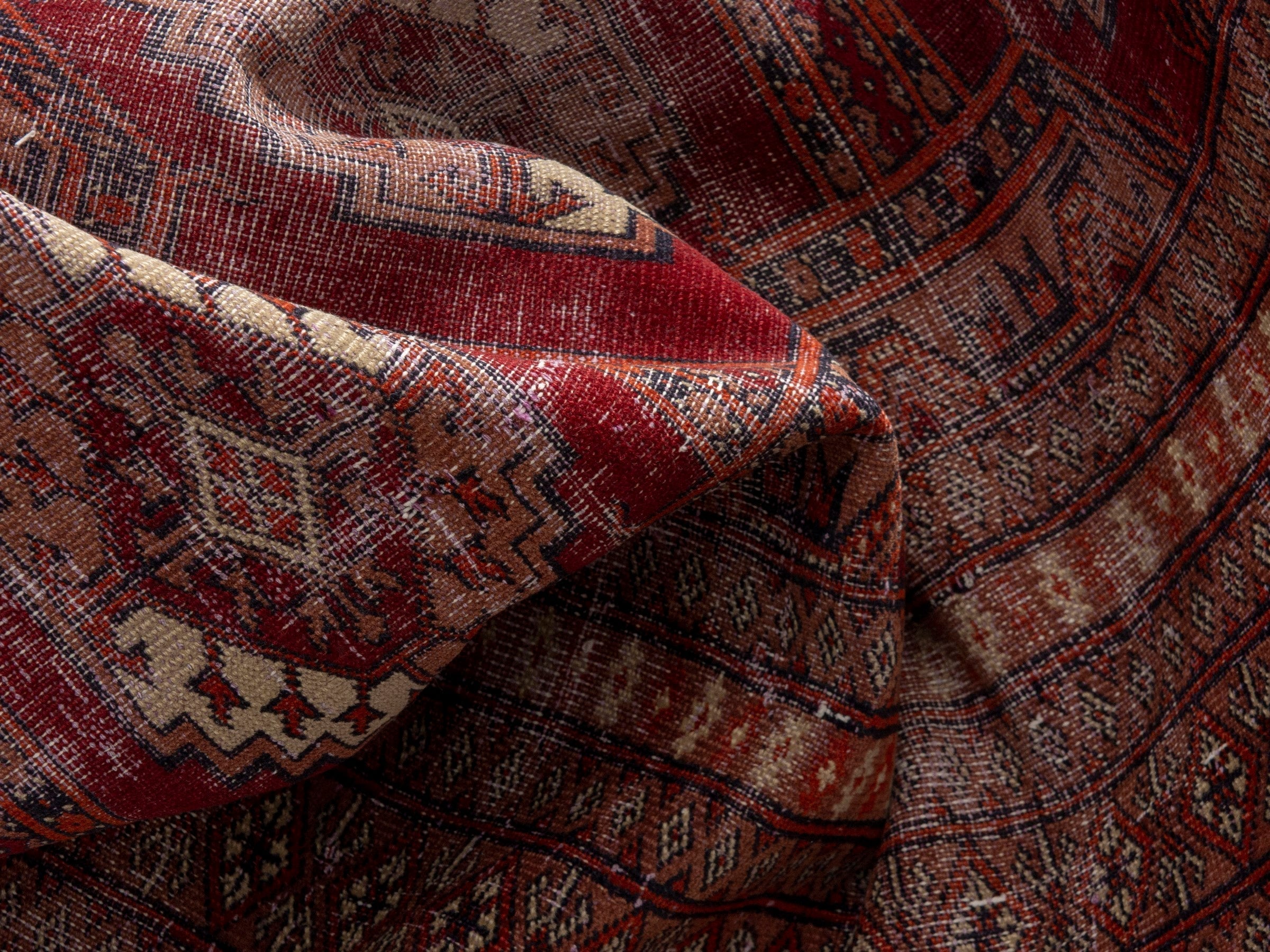 Persian Torkaman accent rug in burgundy and rust, view 16 of 18