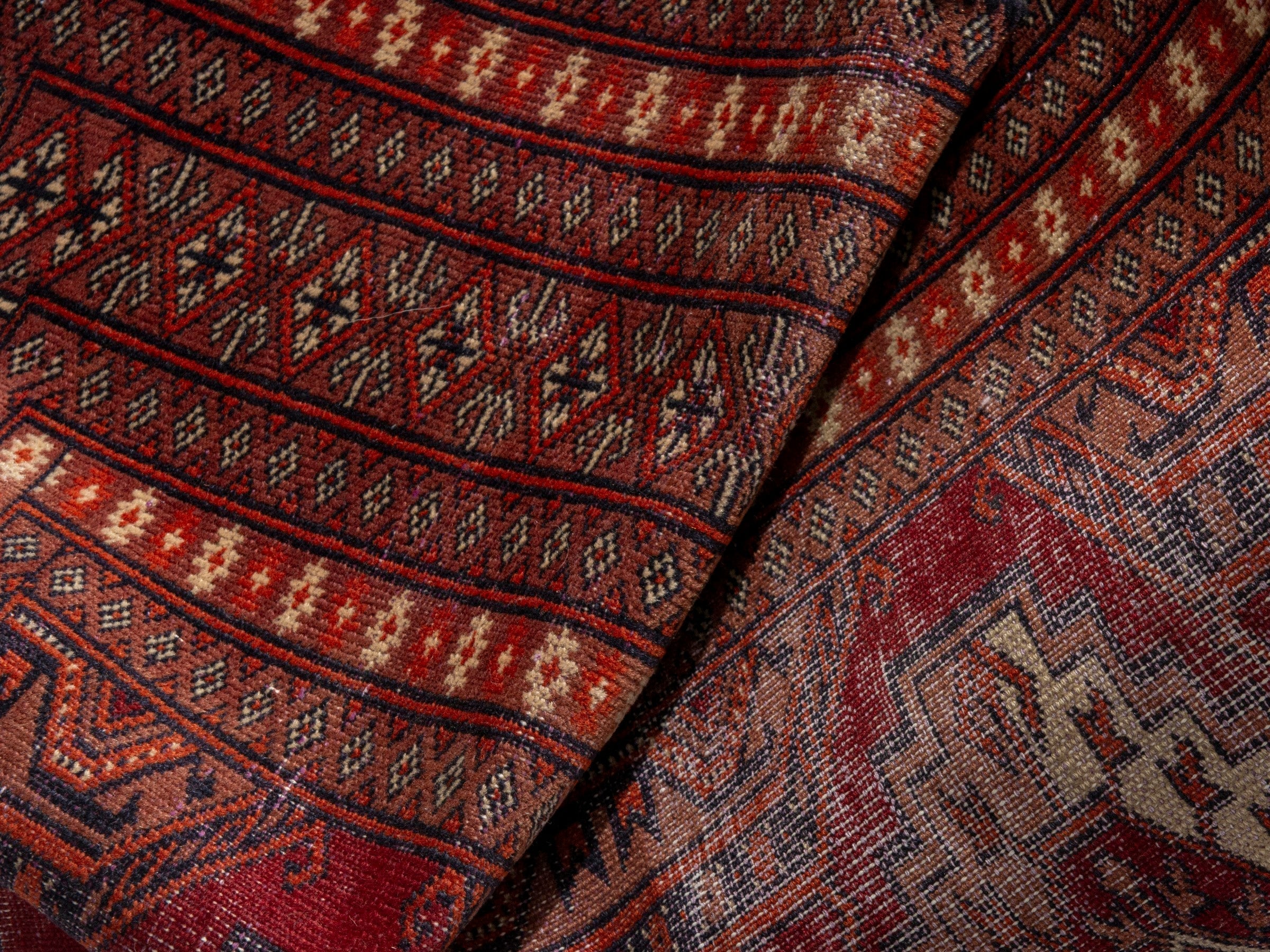 Persian Torkaman accent rug in burgundy and rust, view 17 of 18