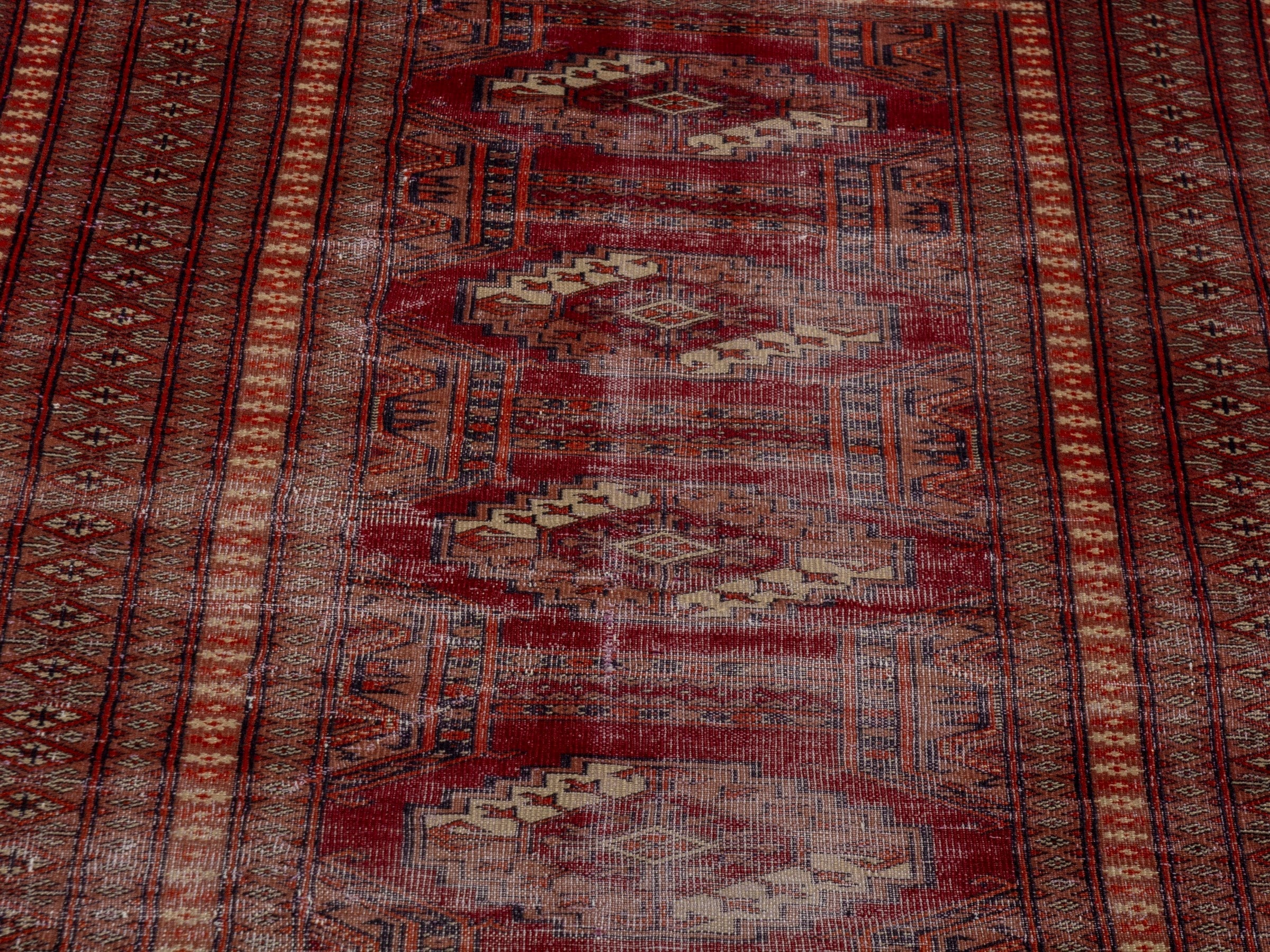 Persian Torkaman accent rug in burgundy and rust, view 7 of 18