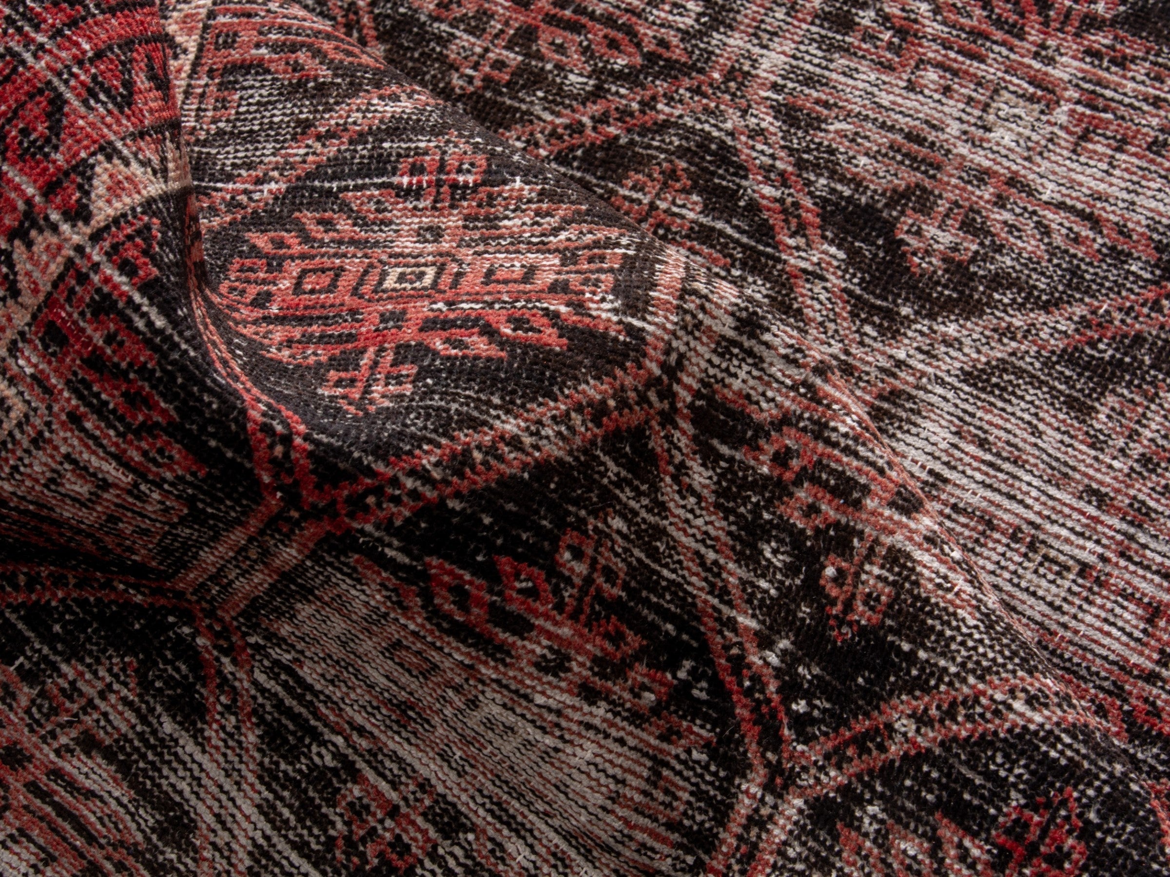Persian Baluch accent rug in charcoal and burgundy, view 15 of 18