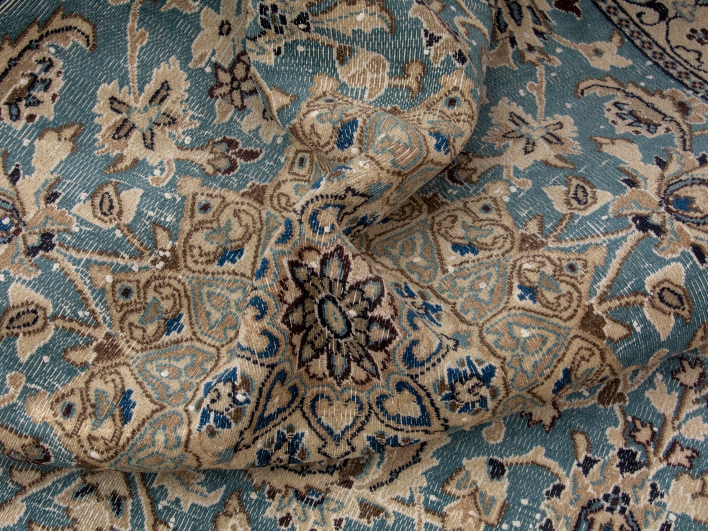 Persian Nain area rug in dusty blue and cream, view 14 of 18