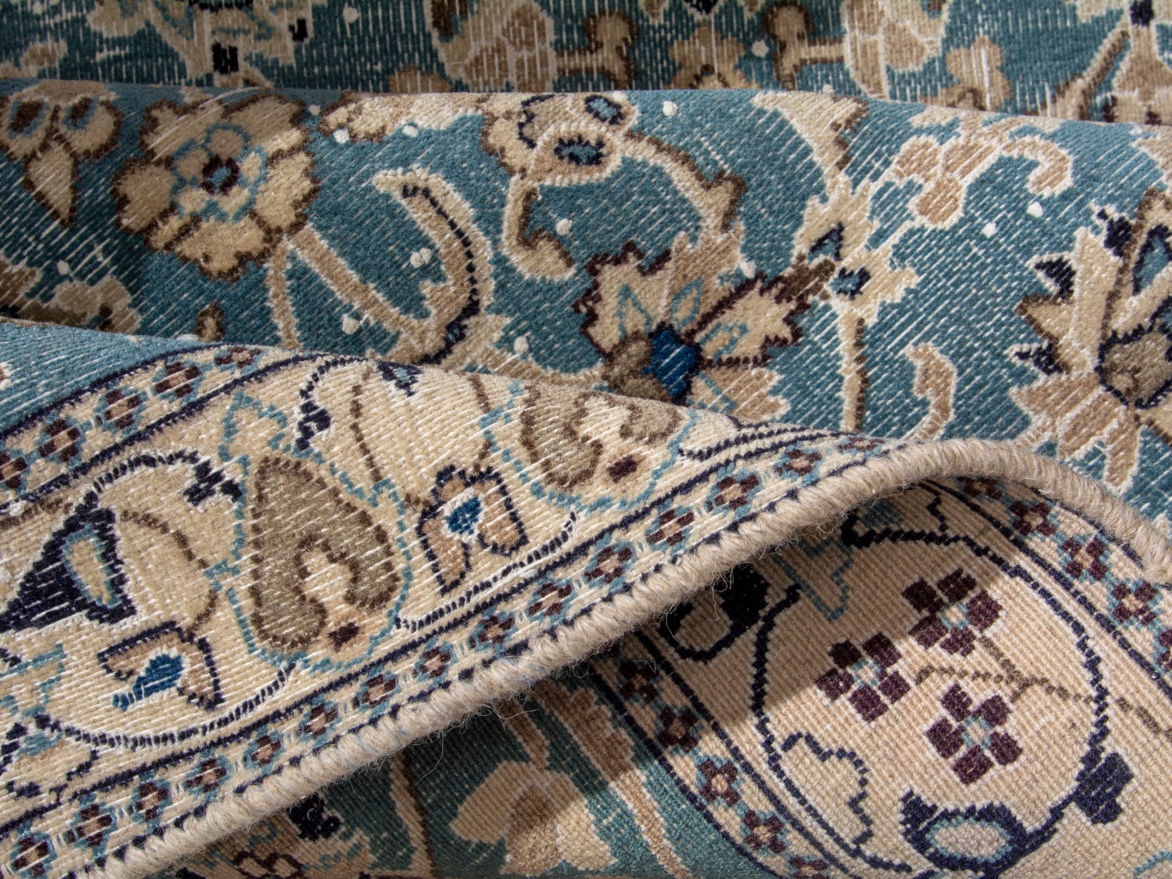 Persian Nain area rug in dusty blue and cream, view 17 of 18