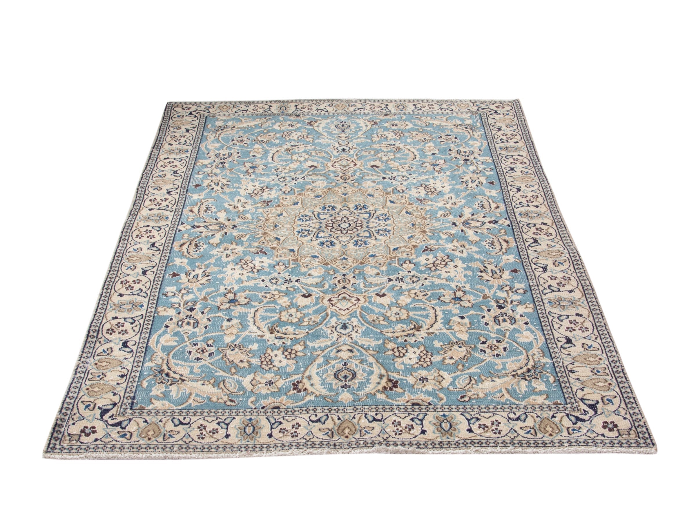 Persian Nain area rug in dusty blue and cream, view 2 of 18