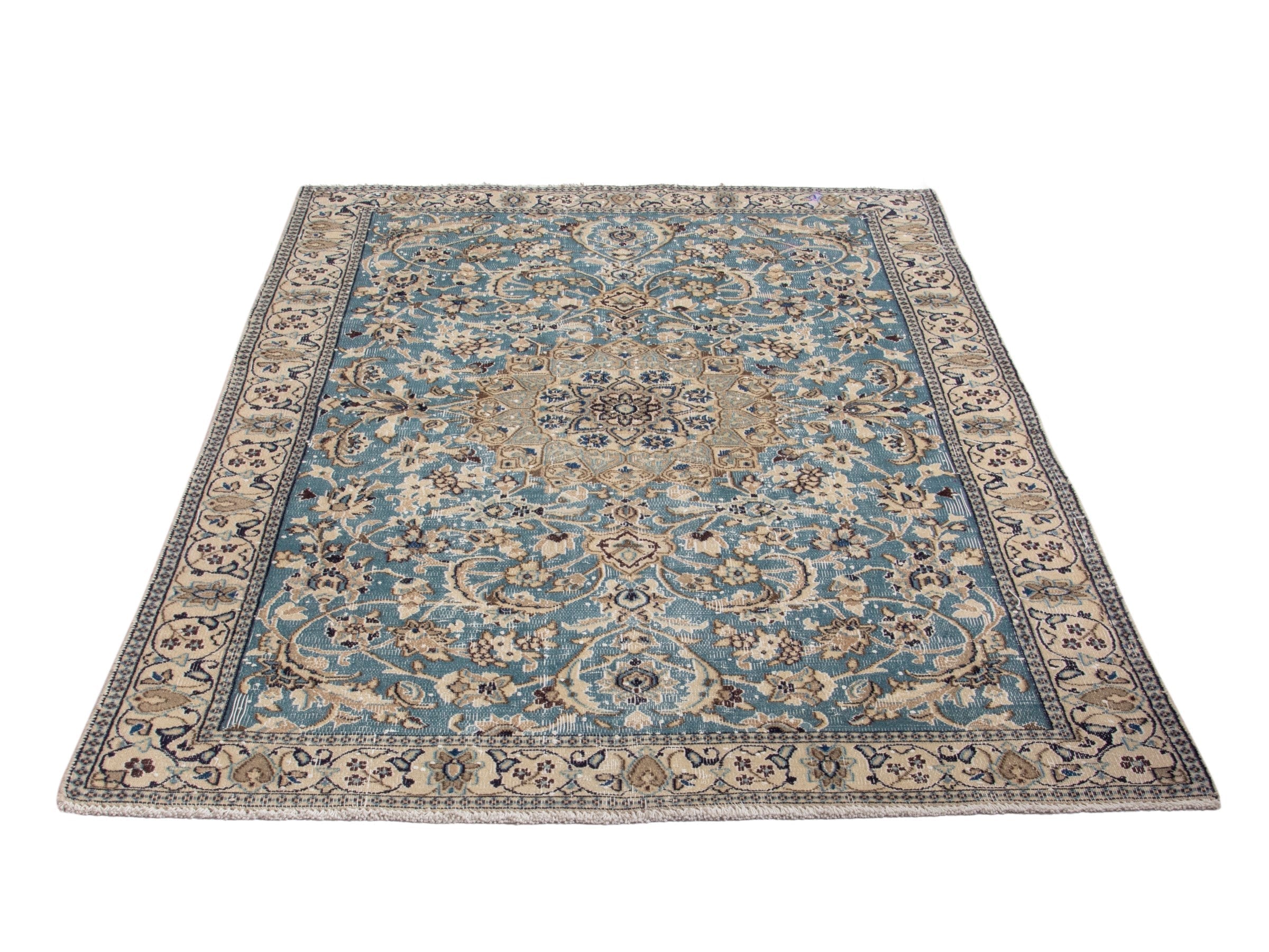 Persian Nain area rug in dusty blue and cream, view 3 of 18
