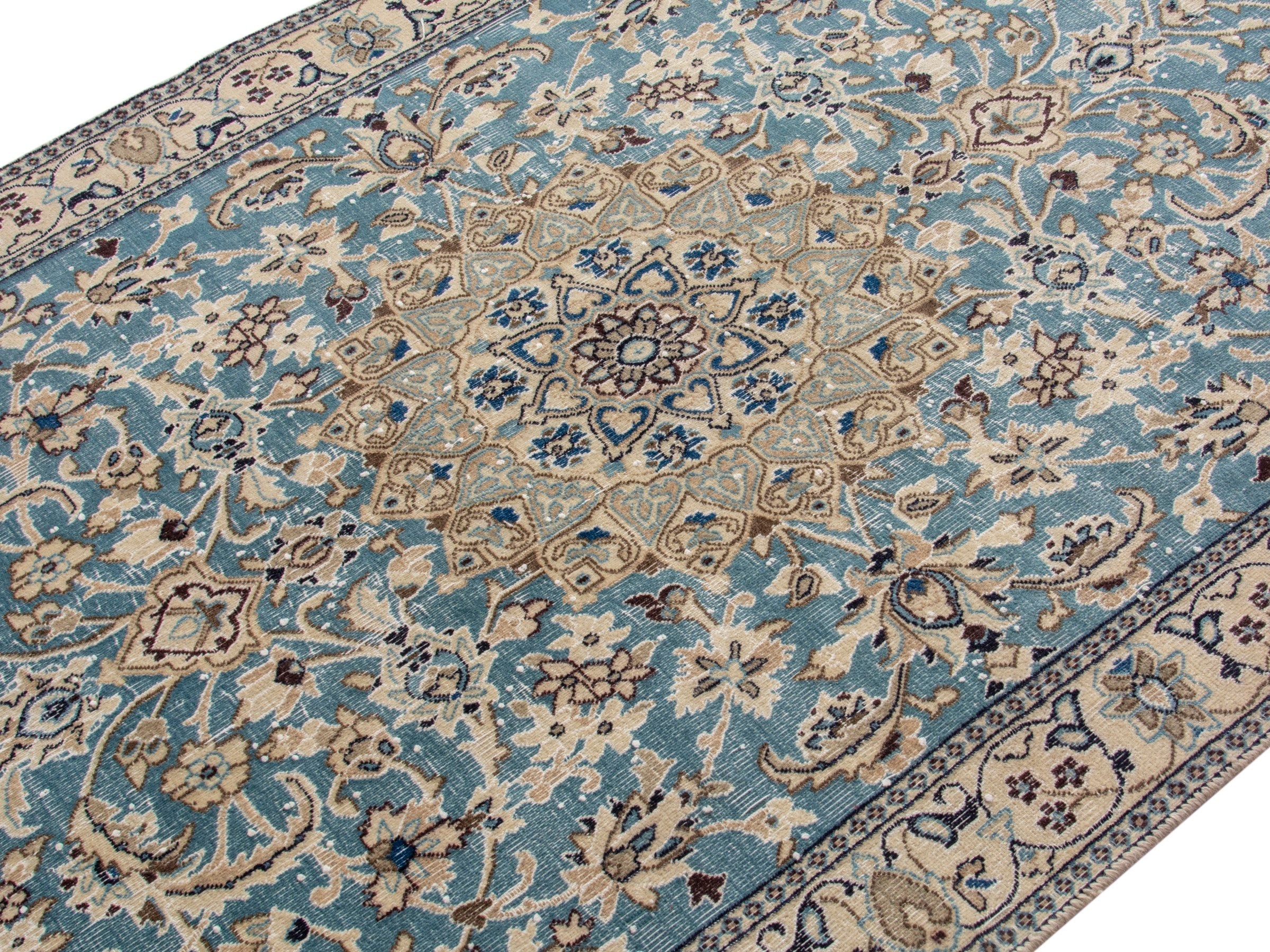 Persian Nain area rug in dusty blue and cream, view 4 of 18