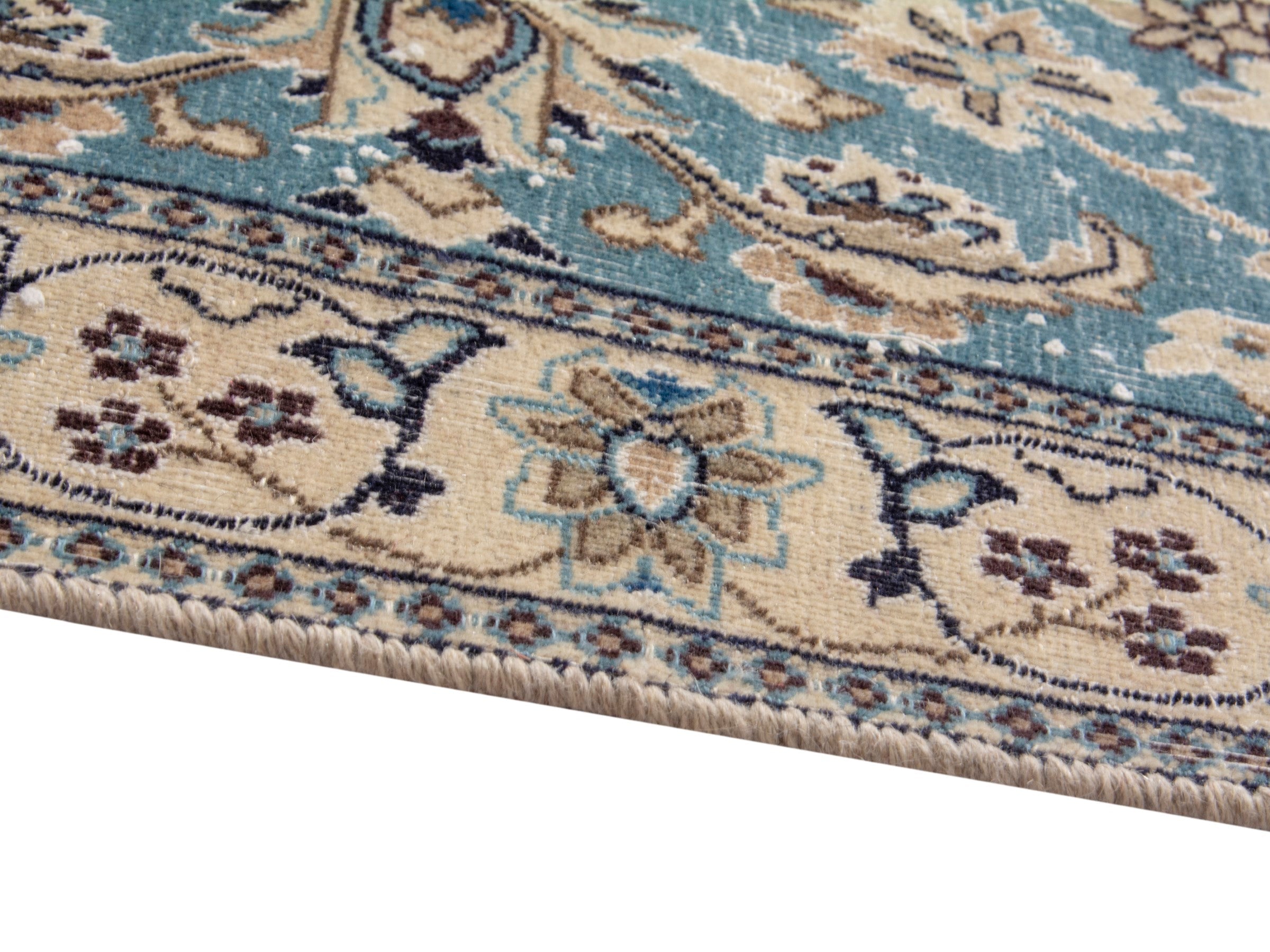 Persian Nain area rug in dusty blue and cream, view 6 of 18