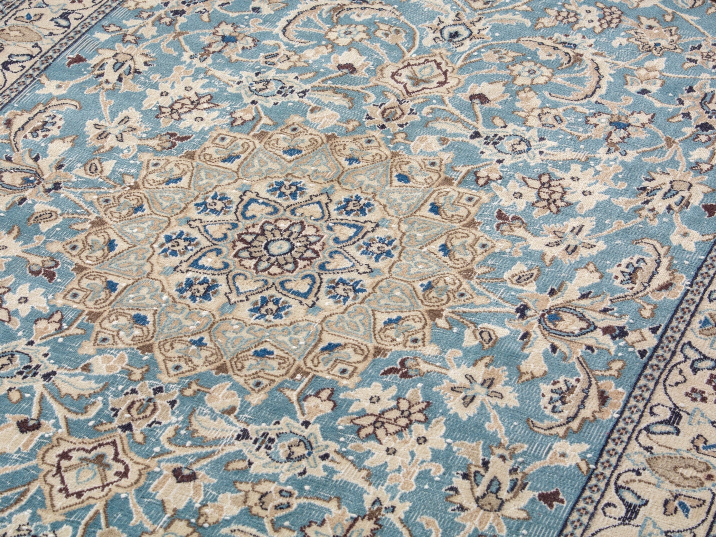 Persian Nain area rug in dusty blue and cream, view 7 of 18