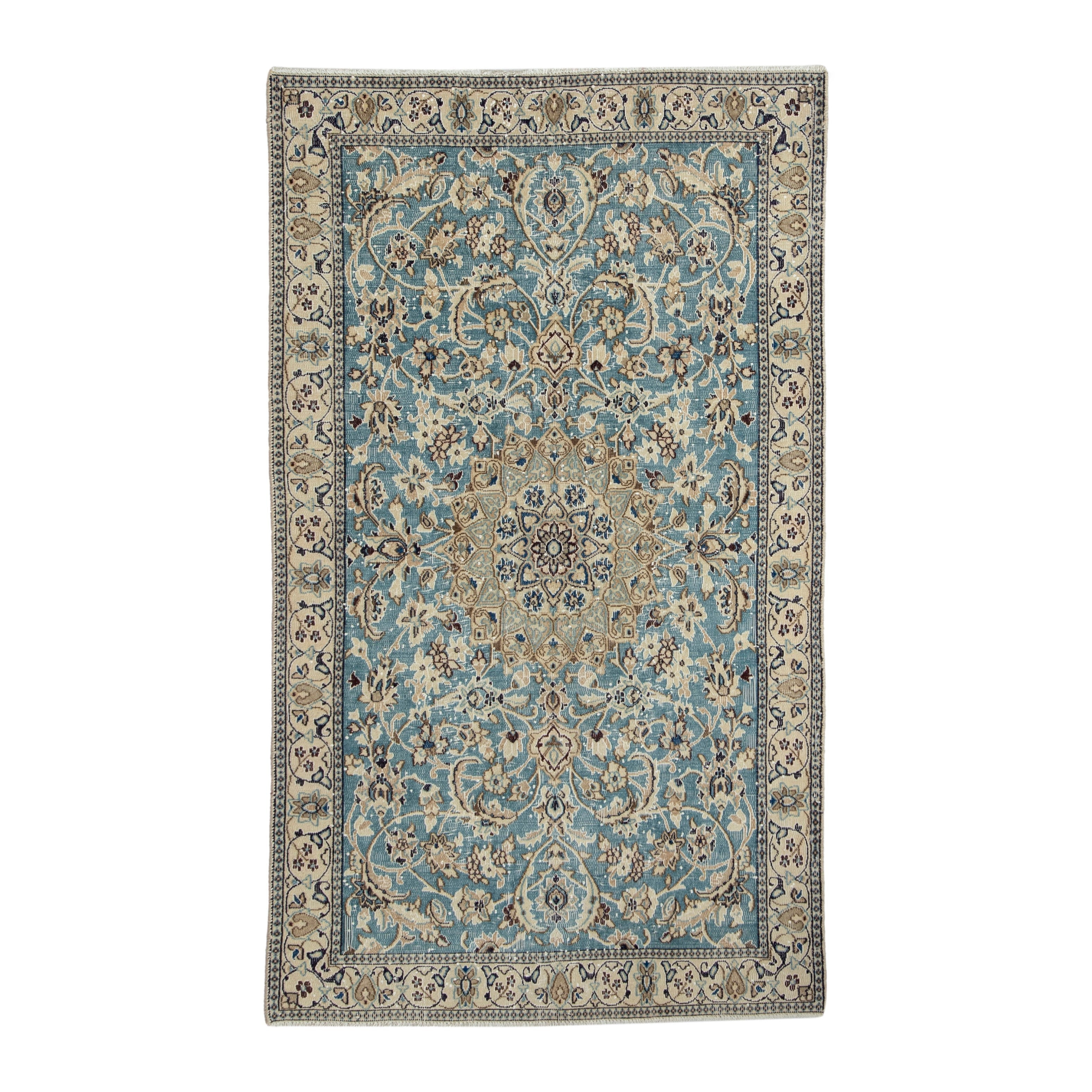 Persian Nain area rug in dusty blue and cream, 3'11" x 6'9"