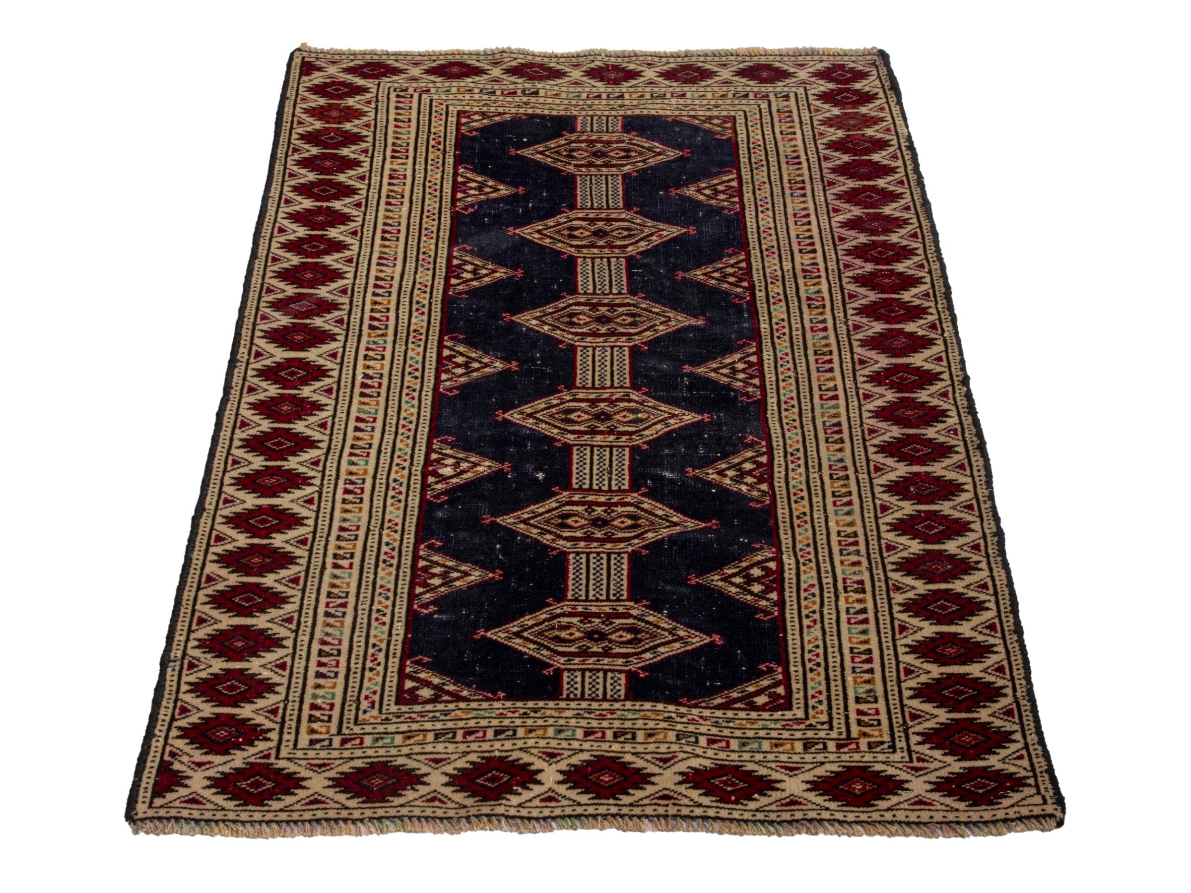 Persian Torkaman accent rug in navy and burgundy, view 2 of 17