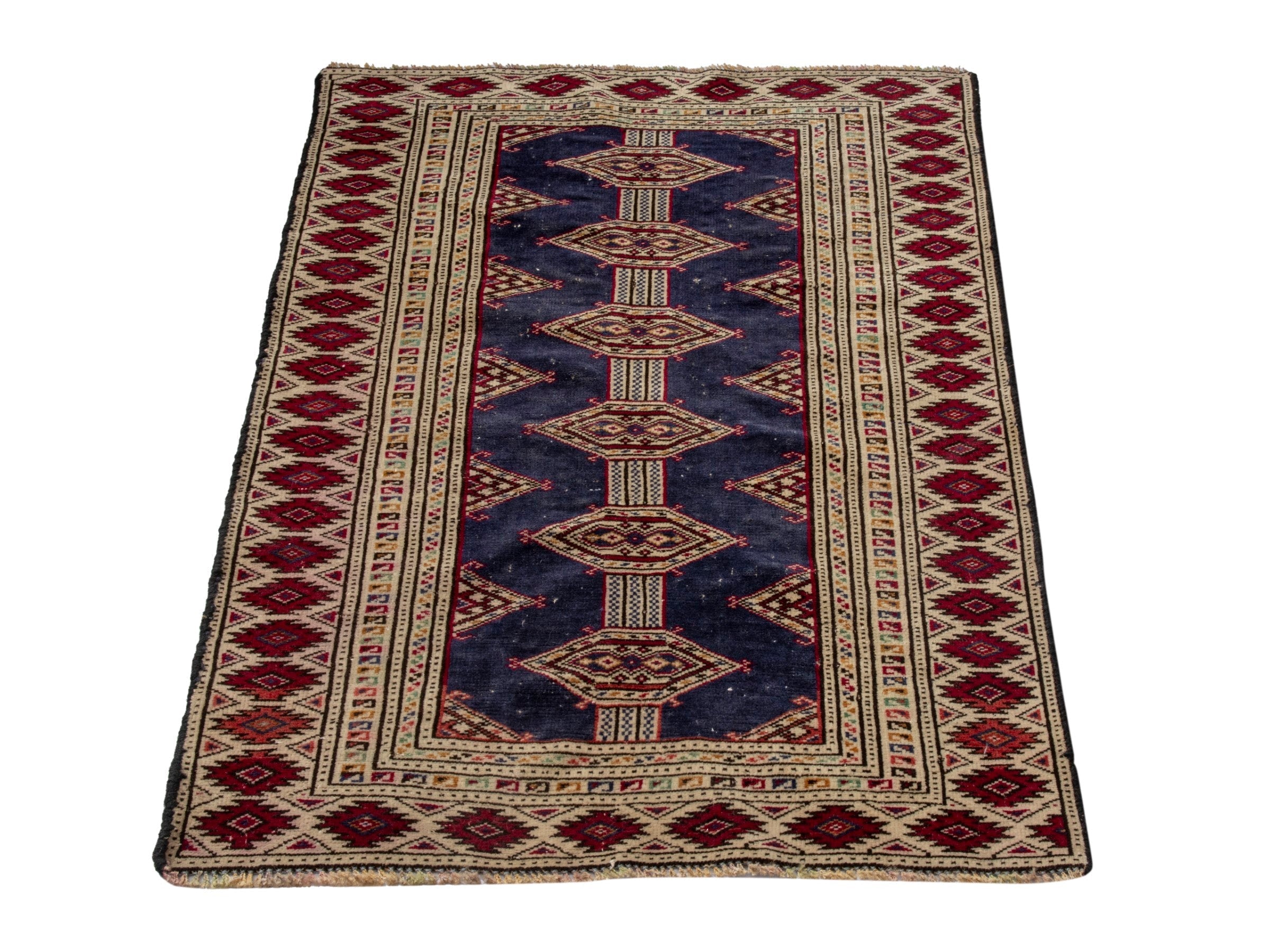 Persian Torkaman accent rug in navy and burgundy, view 3 of 17