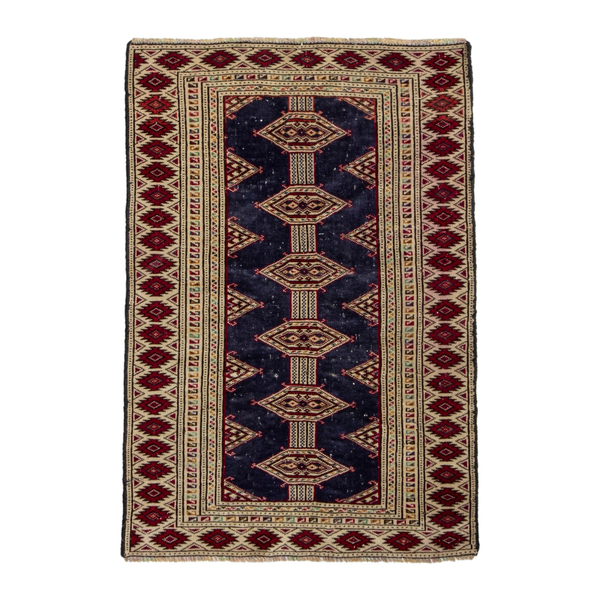 Persian Torkaman accent rug in navy and burgundy, 2'5" x 3'7"