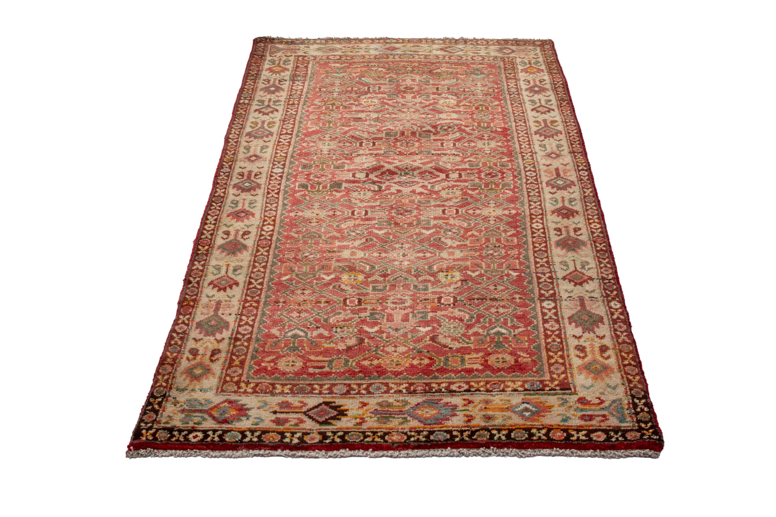 Persian Hamedan accent rug in deep red and cream, view 2 of 18