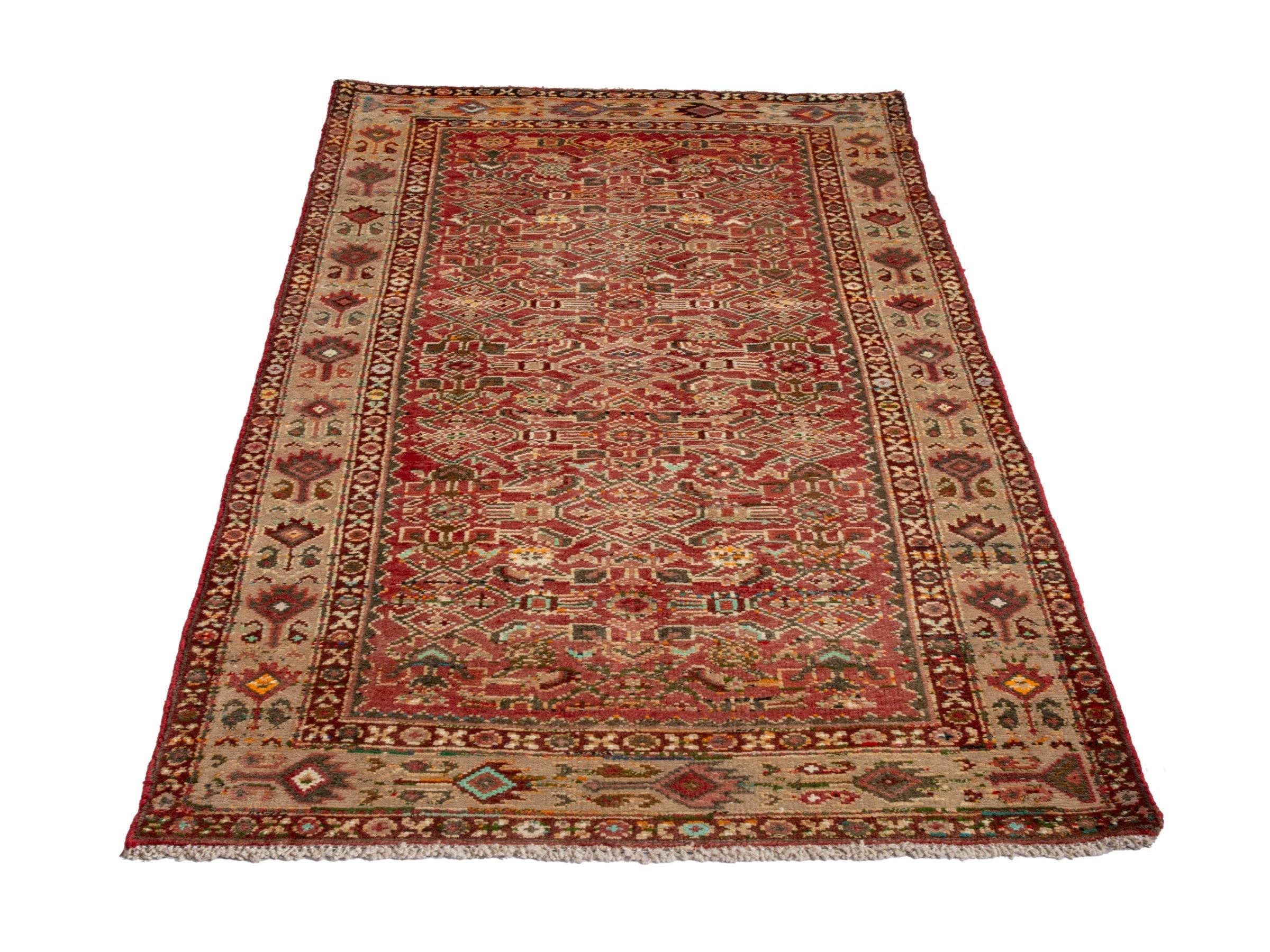 Persian Hamedan accent rug in deep red and cream, view 3 of 18