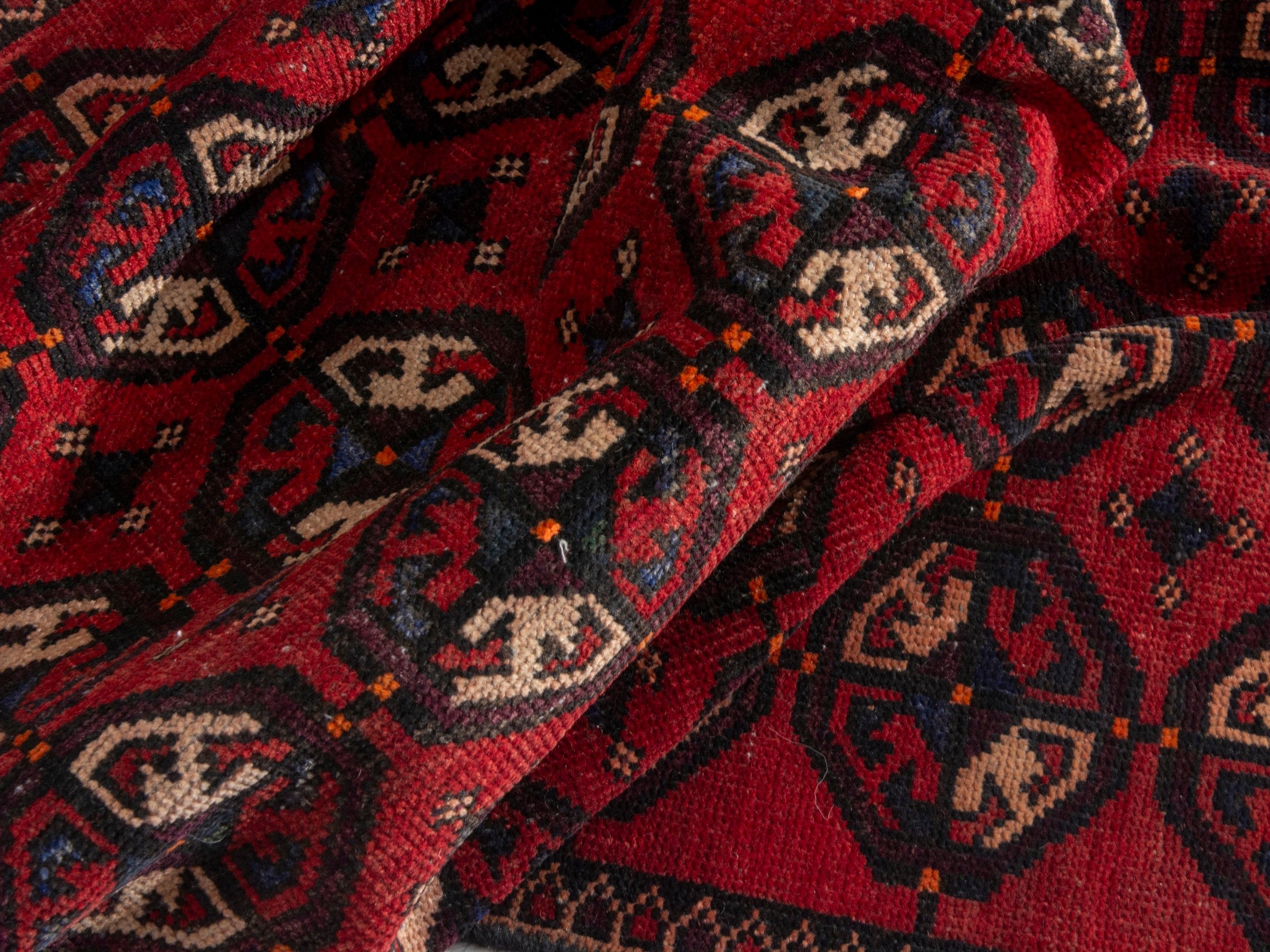 Persian Baluch accent rug in deep red and cream, view 15 of 18