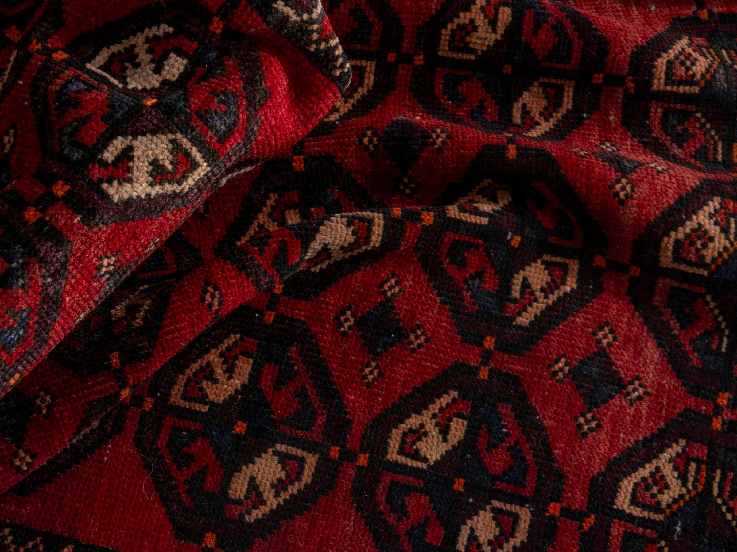 Persian Baluch accent rug in deep red and cream, view 16 of 18