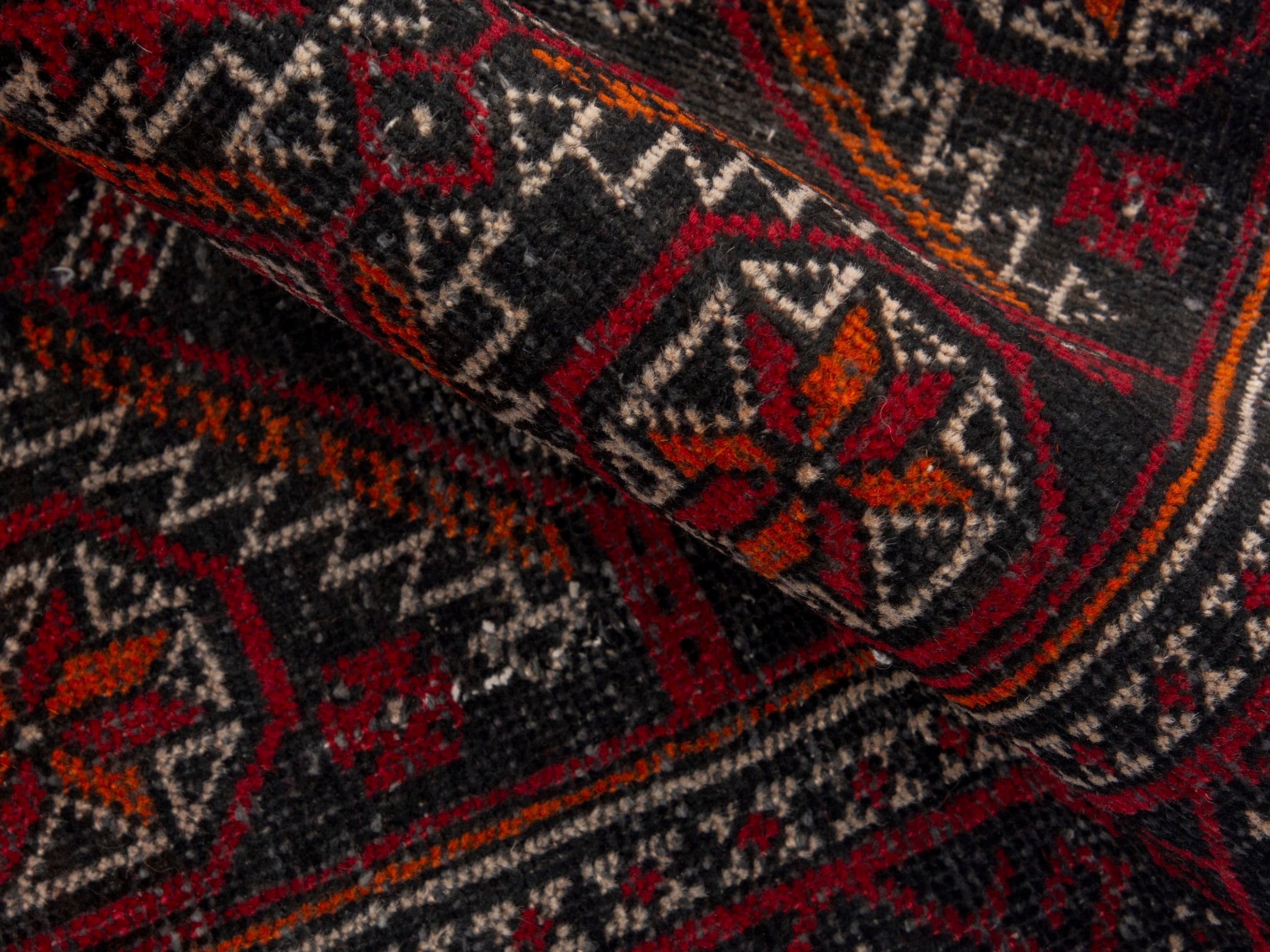 Persian Baluch accent rug in deep red and burgundy, view 14 of 17