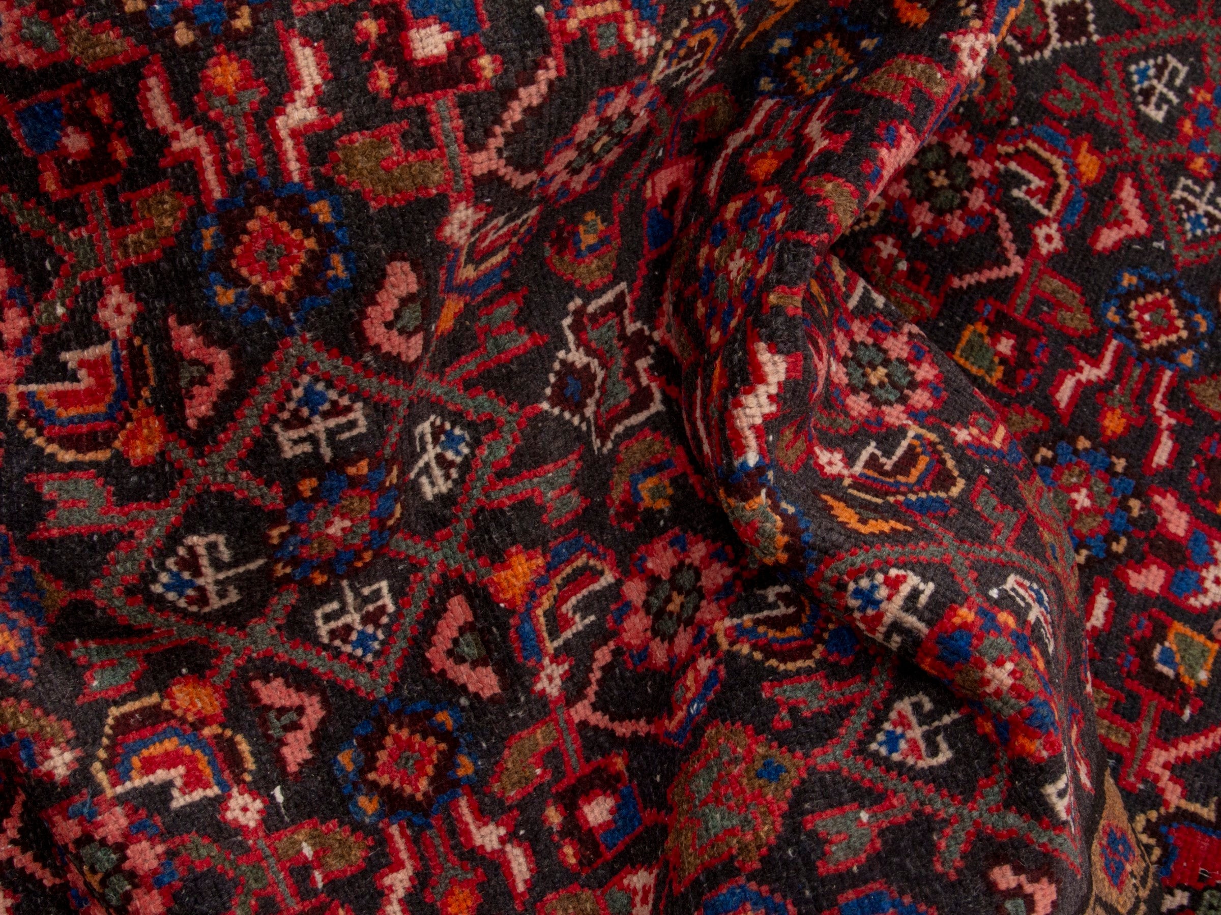 Persian Hamedan accent rug in deep red and dark brown, view 16 of 17