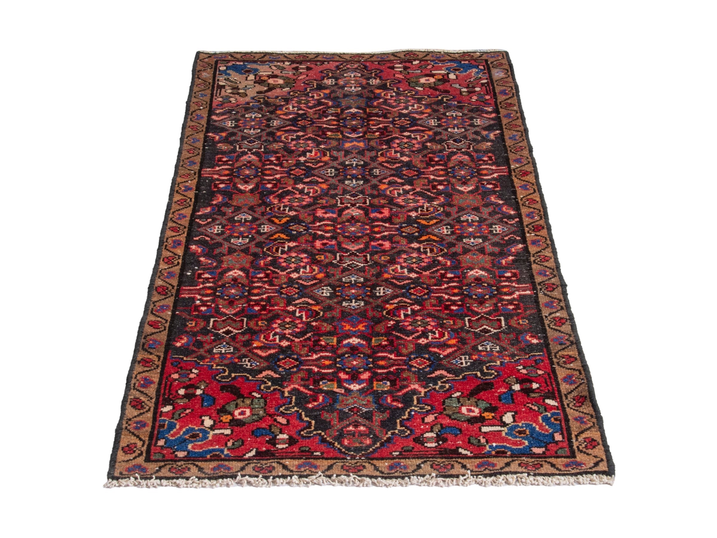 Persian Hamedan accent rug in deep red and dark brown, view 3 of 17