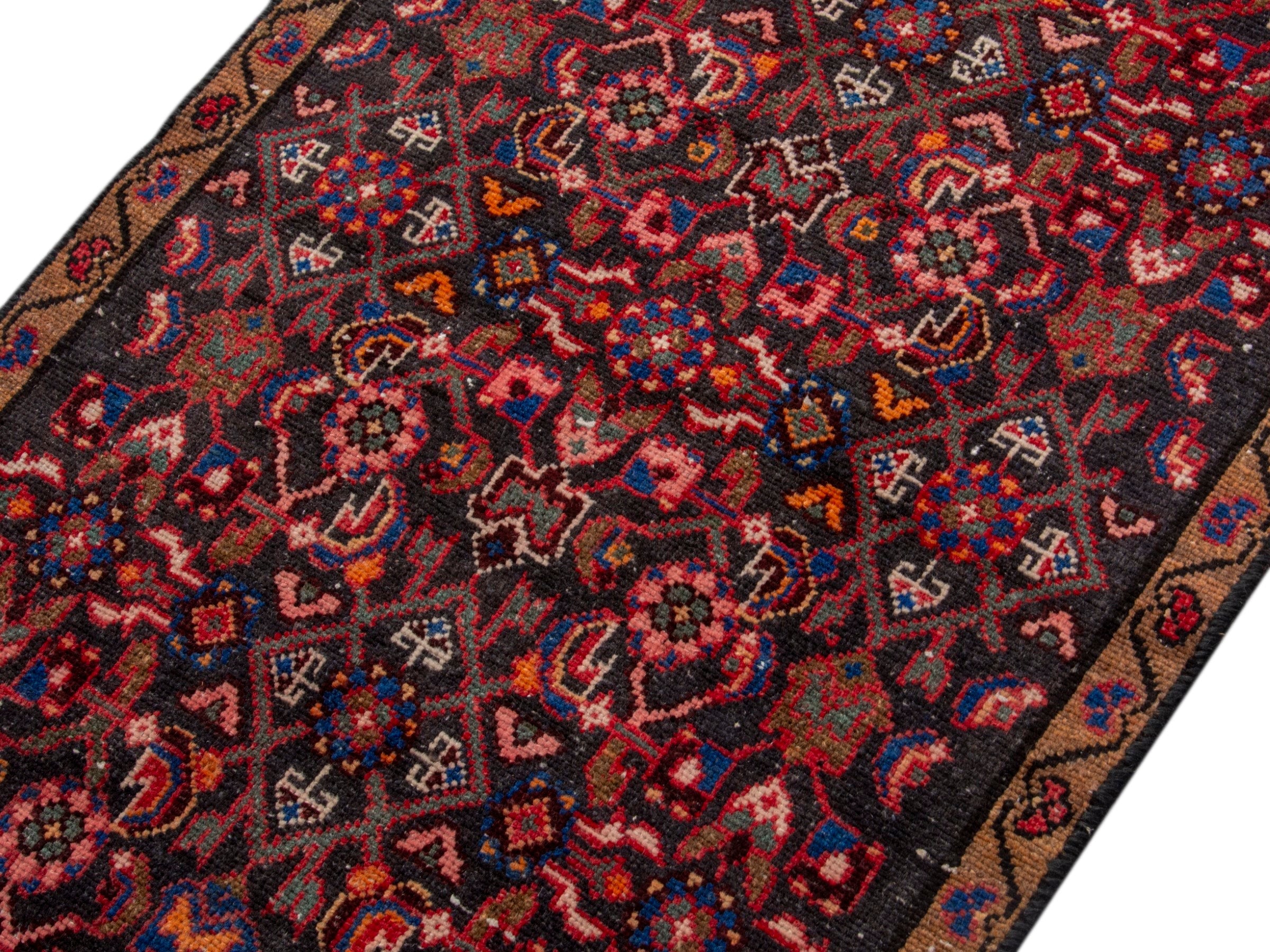 Persian Hamedan accent rug in deep red and dark brown, view 4 of 17