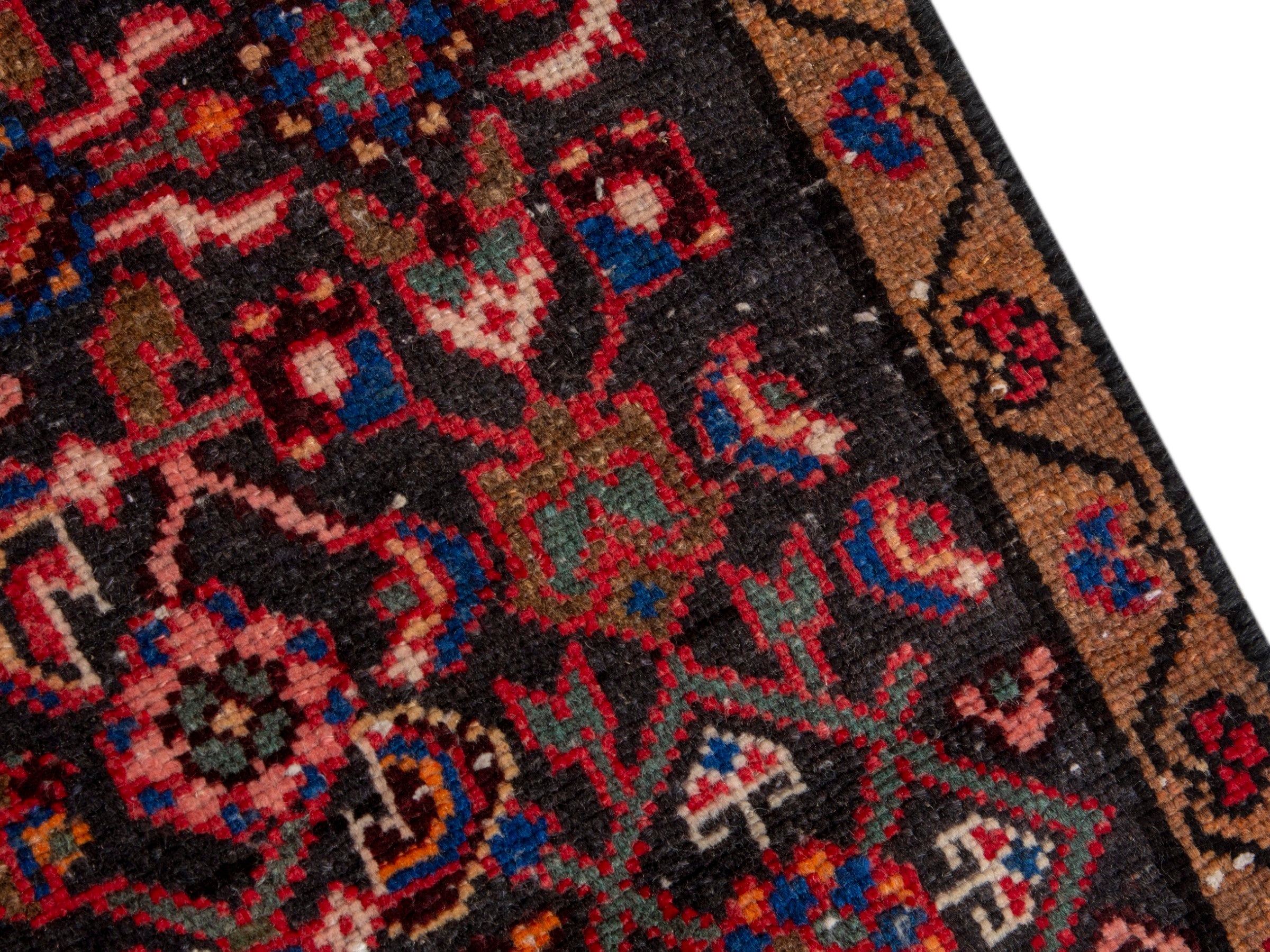 Persian Hamedan accent rug in deep red and dark brown, view 9 of 17
