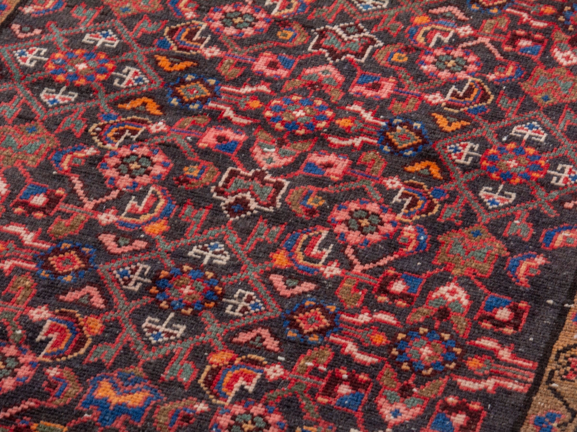 Persian Hamedan accent rug in deep red and dark brown, view 7 of 17