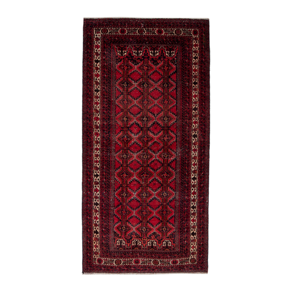 Persian Baluch accent rug in burgundy and deep red, 3'1" x 6'