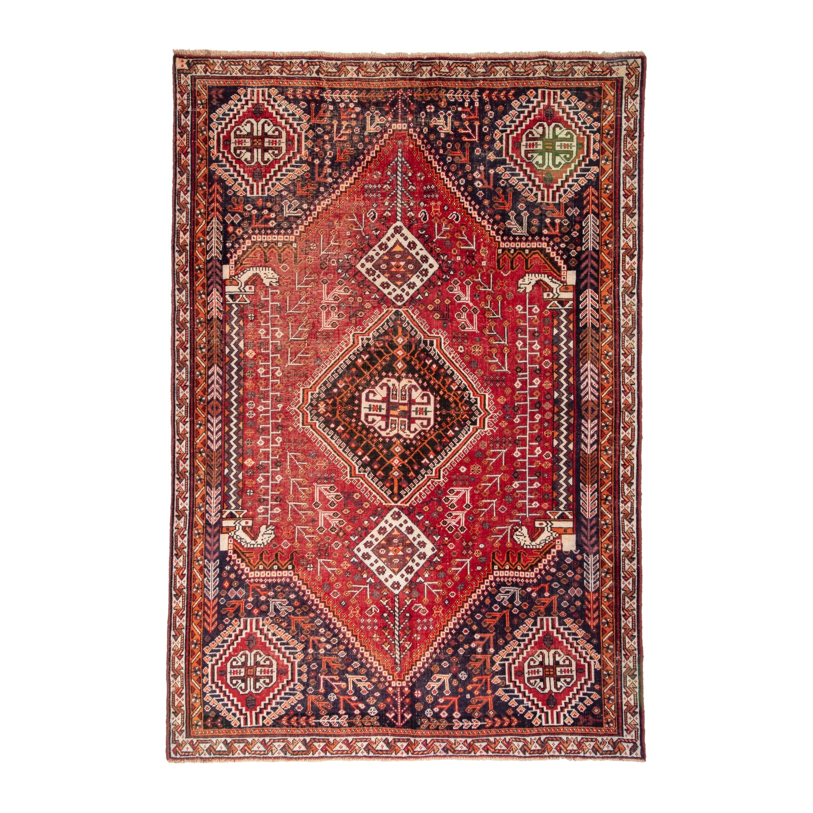 Persian Shiraz area rug in deep red and burgundy, 5'5" x 8'2"
