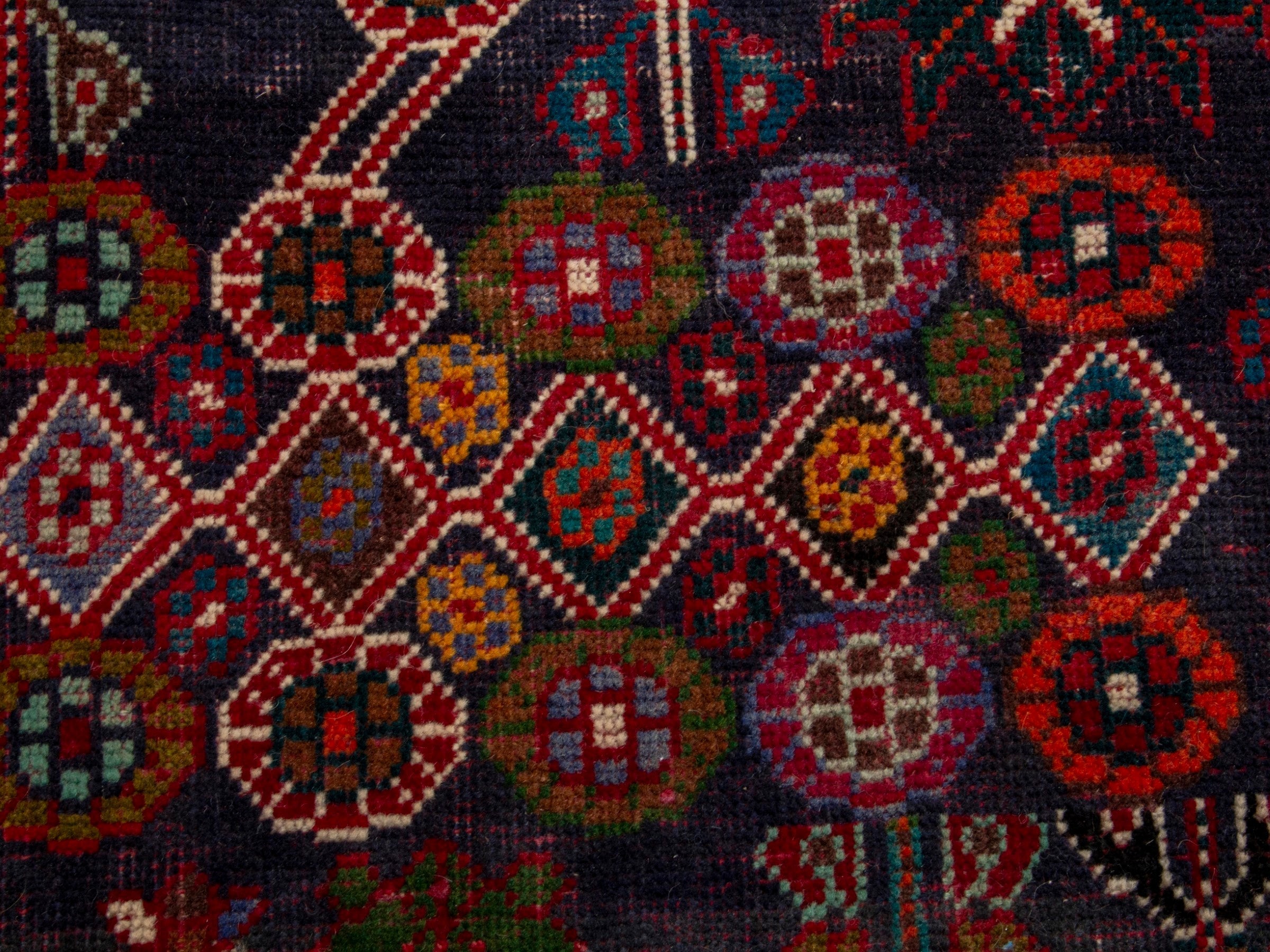 Persian Shiraz area rug in deep indigo and deep red, view 13 of 19