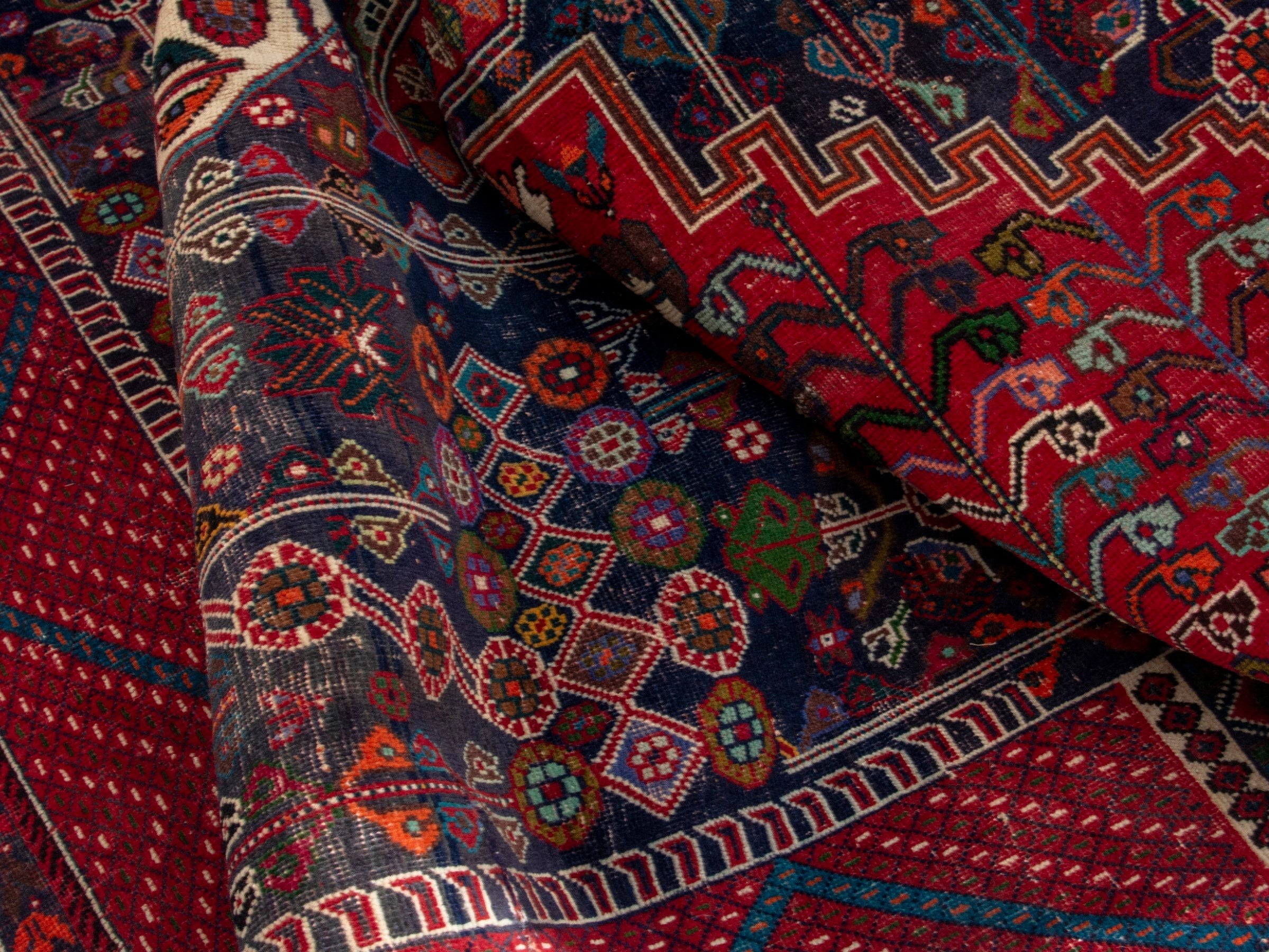 Persian Shiraz area rug in deep indigo and deep red, view 16 of 19