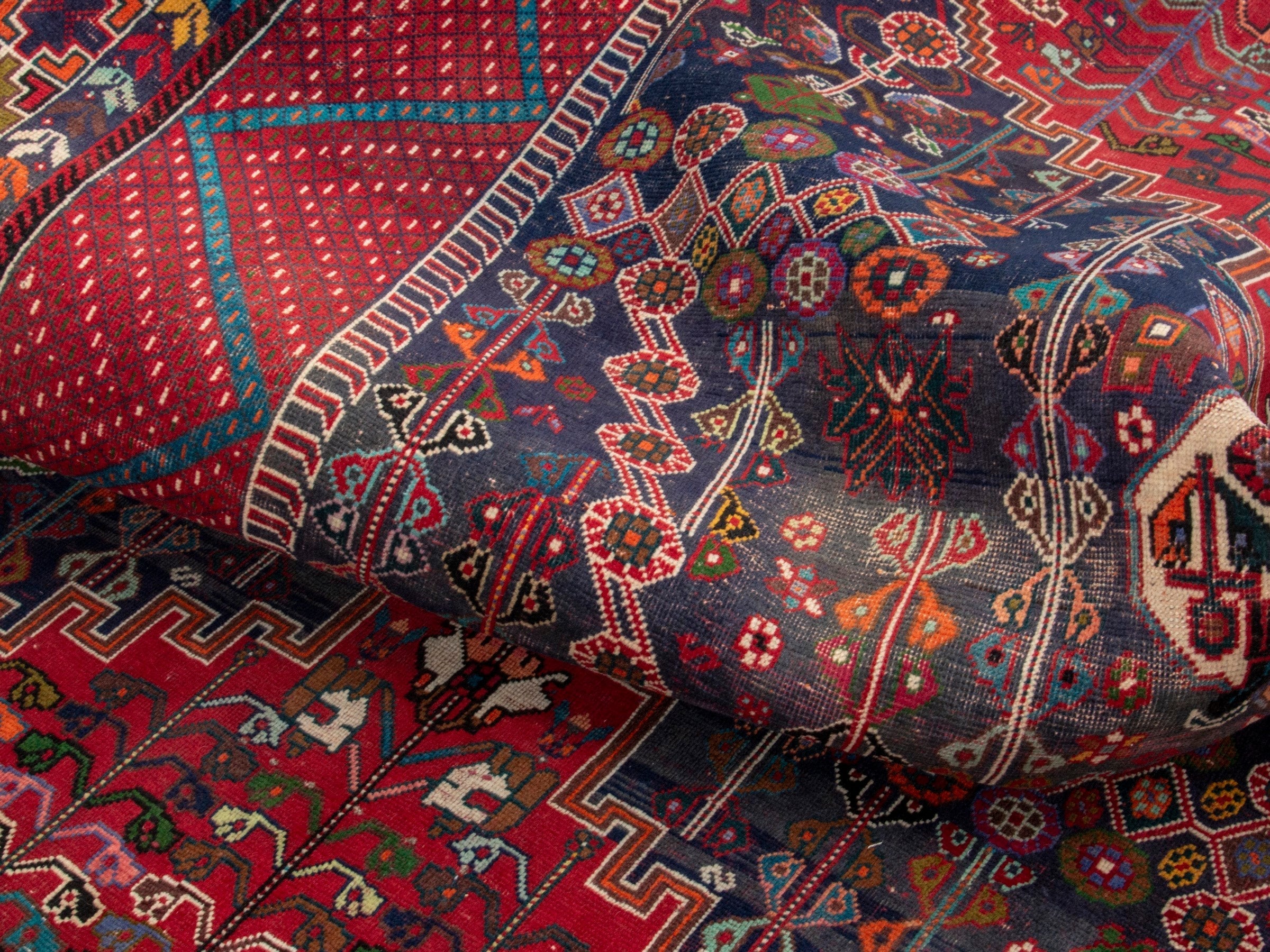 Persian Shiraz area rug in deep indigo and deep red, view 17 of 19
