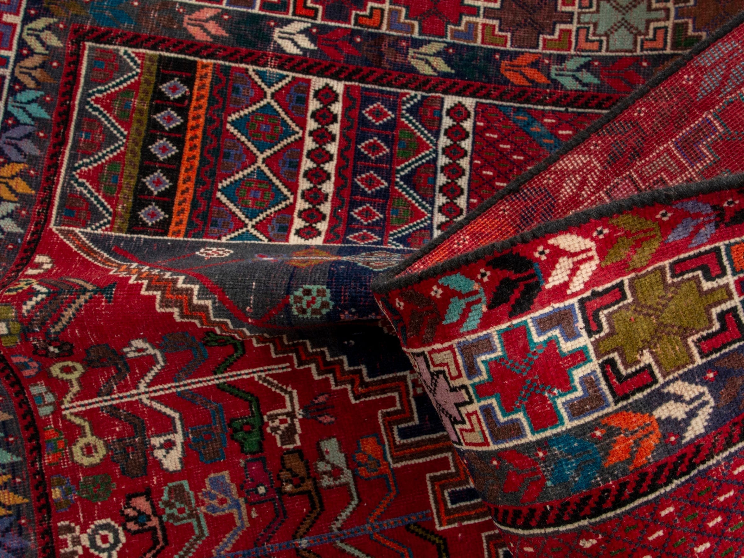 Persian Shiraz area rug in deep indigo and deep red, view 18 of 19