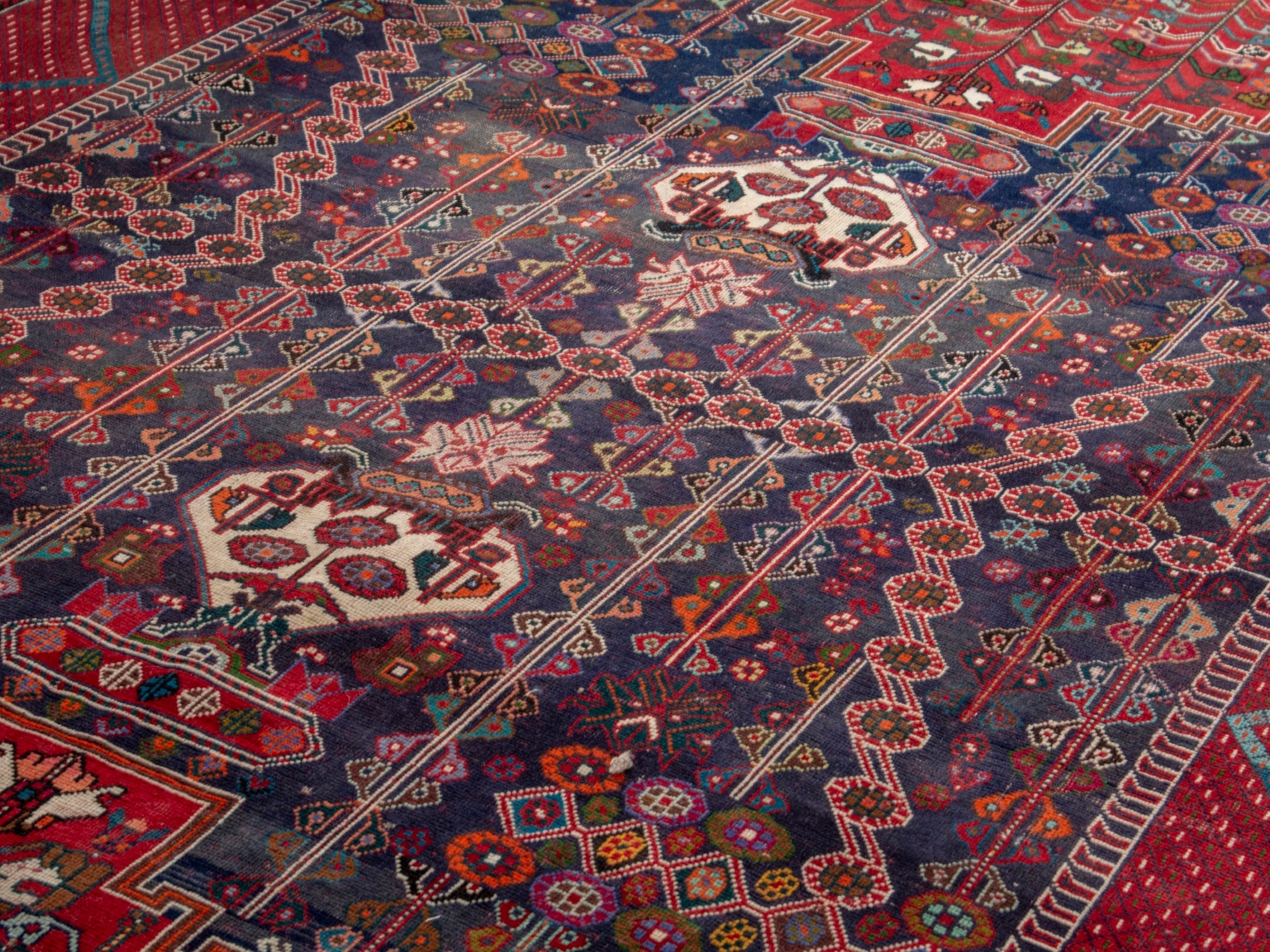 Persian Shiraz area rug in deep indigo and deep red, view 7 of 19