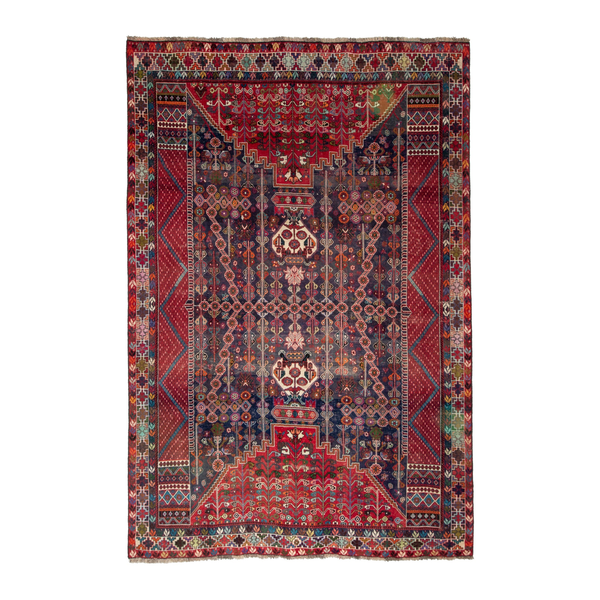 Persian Shiraz area rug in deep indigo and deep red, 6'11" x 9'11"
