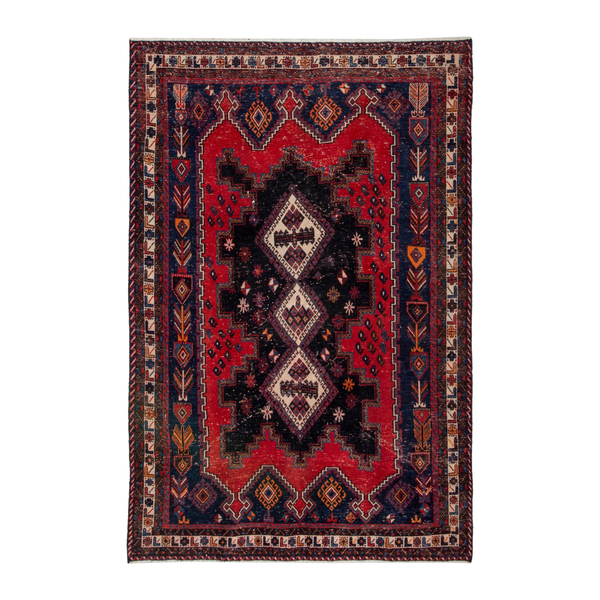 Persian Sirjan area rug in deep red and navy, 4'11" x 7'6"